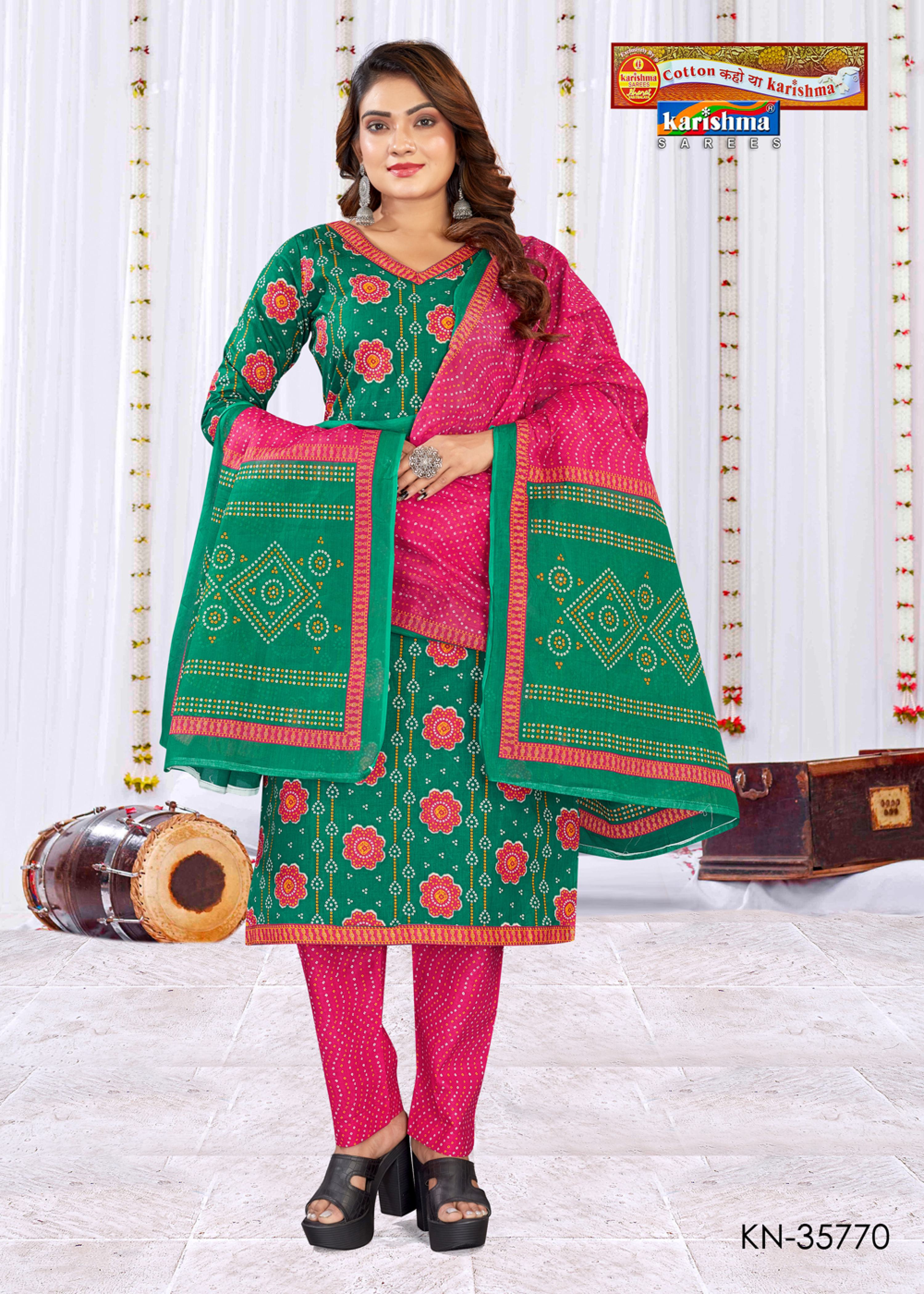 Green Pure Cotton Unstitched Dress Material With Traditional Bandhani Design