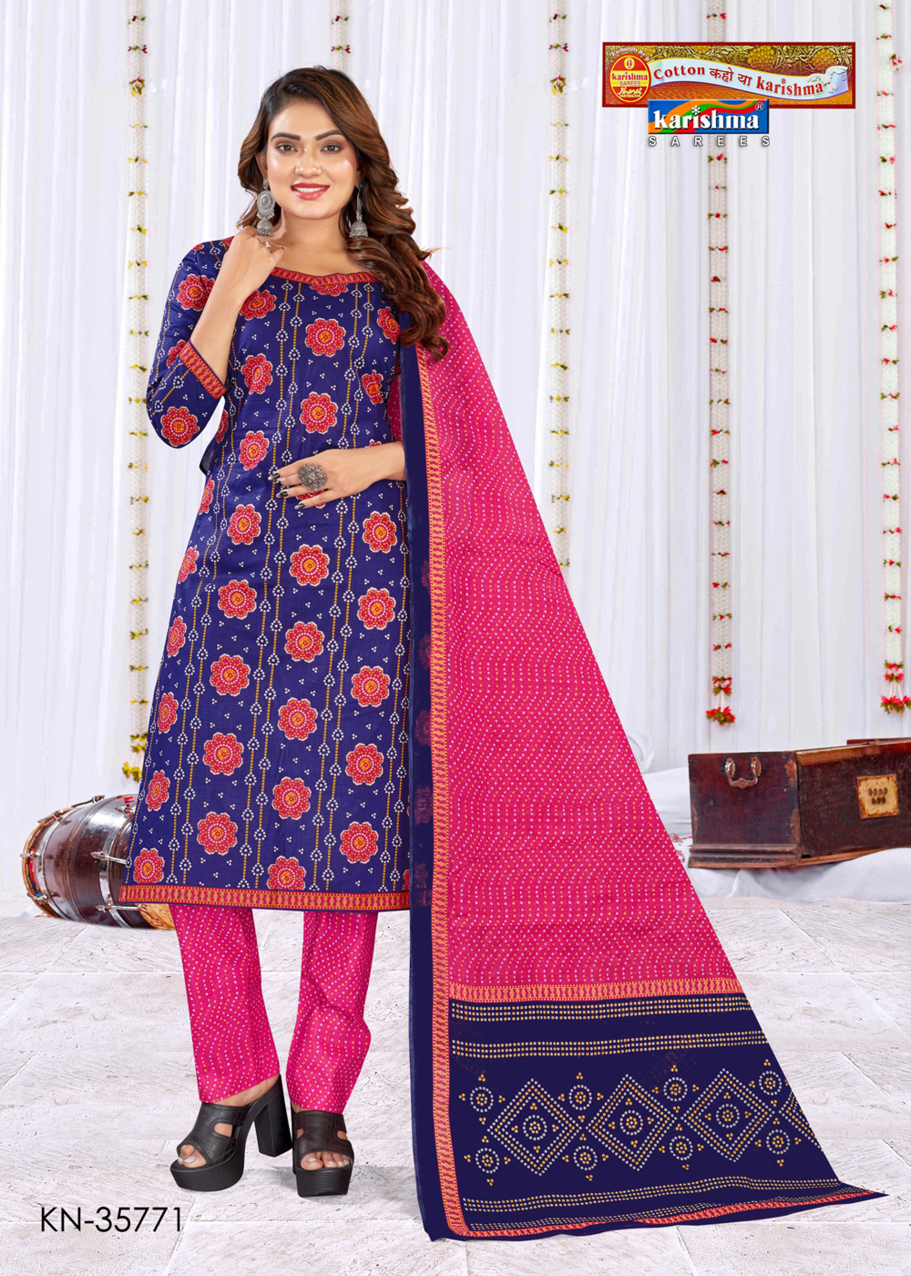 Navy Blue Pure Cotton Unstitched Dress Material With Traditional Bandhani Design