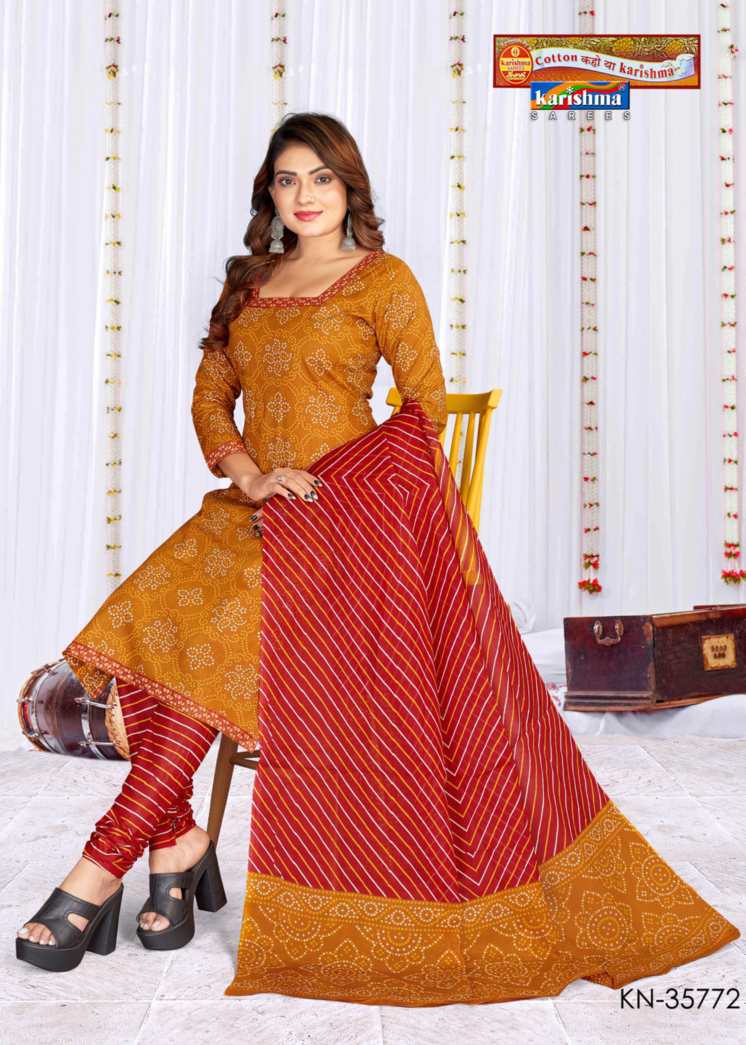 Mustard Pure Cotton Unstitched Dress Material With Traditional Bandhani Design