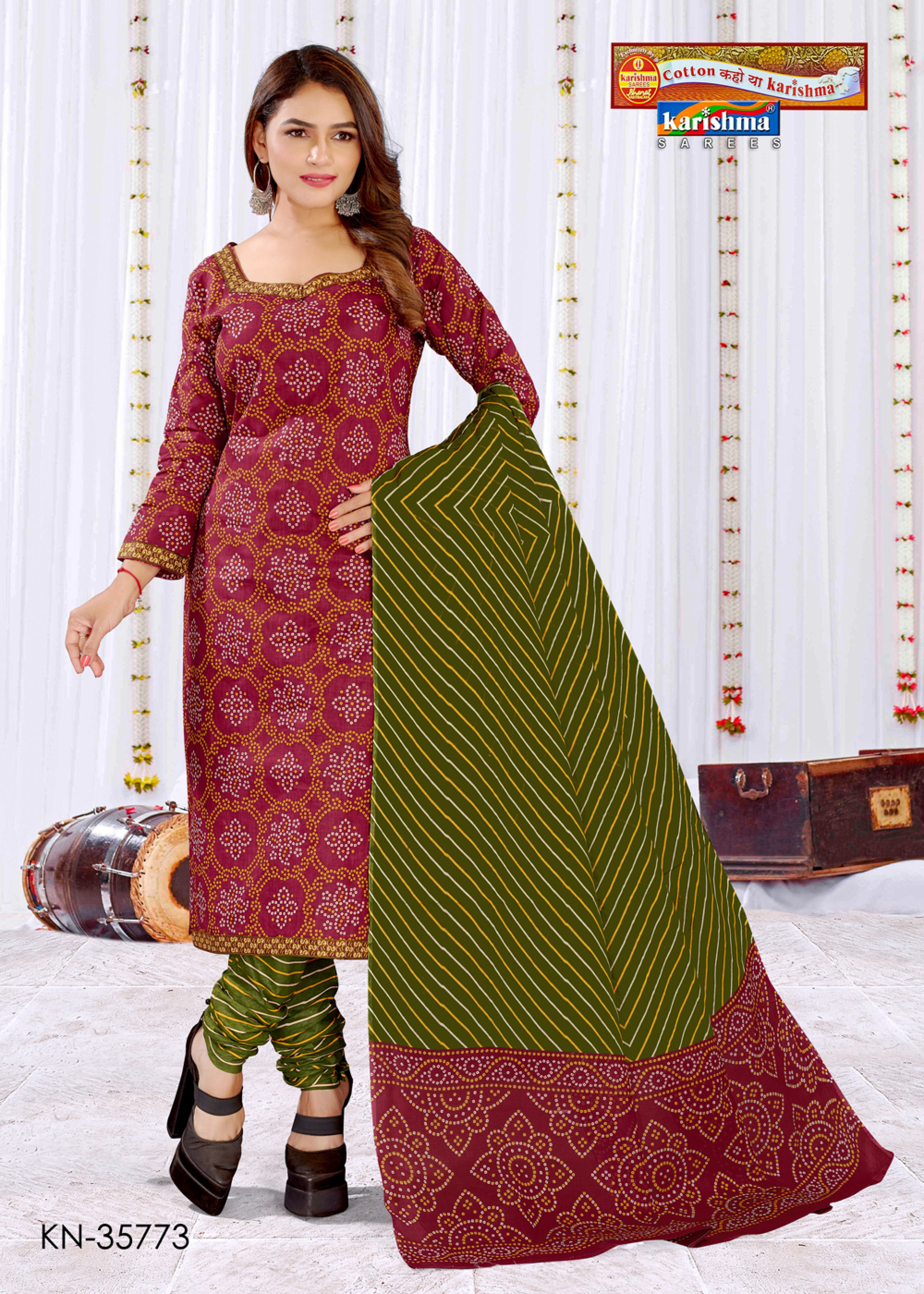 Purple Pure Cotton Unstitched Dress Material With Traditional Bandhani Design