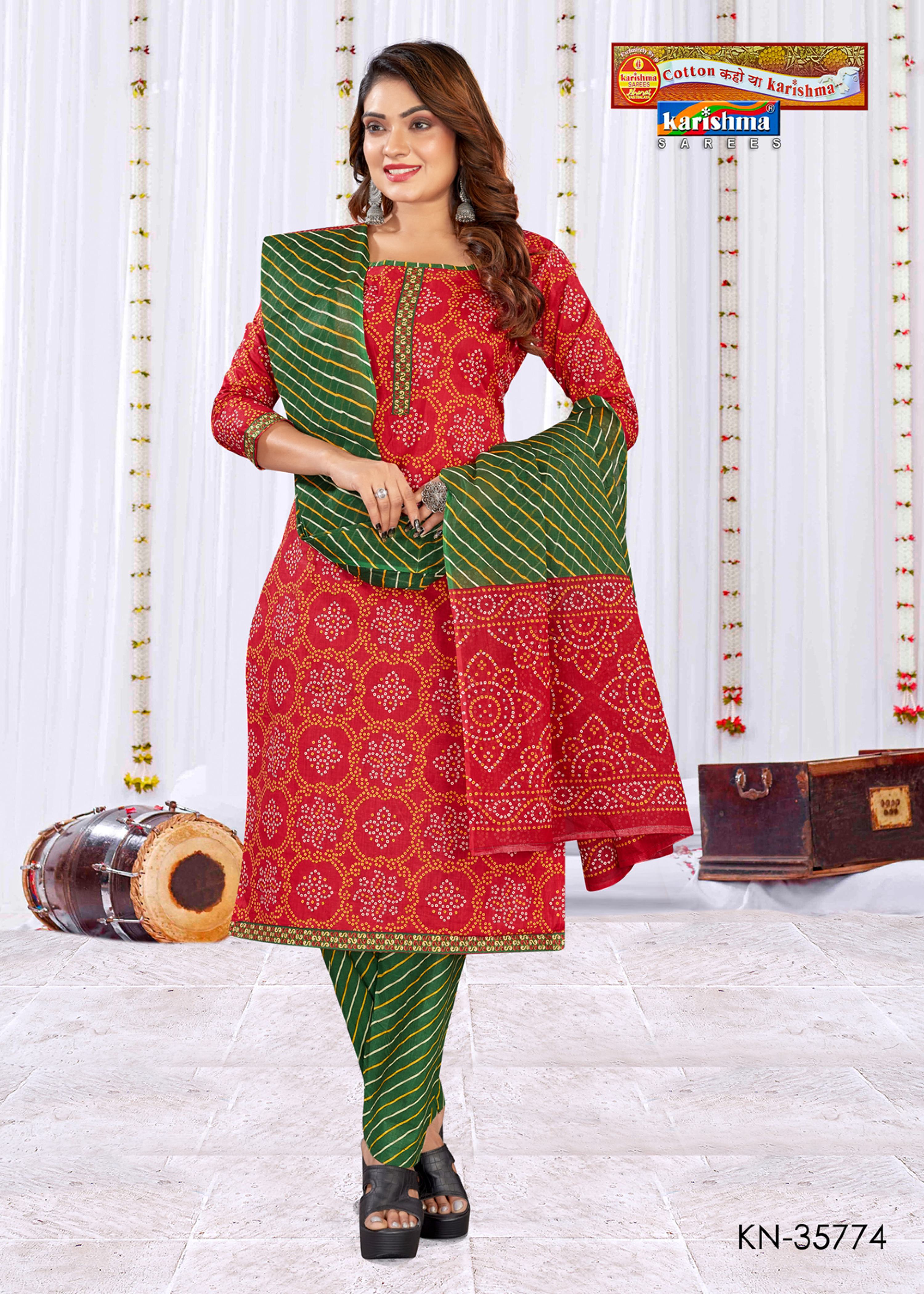 Red And Green Pure Cotton Unstitched Dress Material With Traditional Bandhani Design