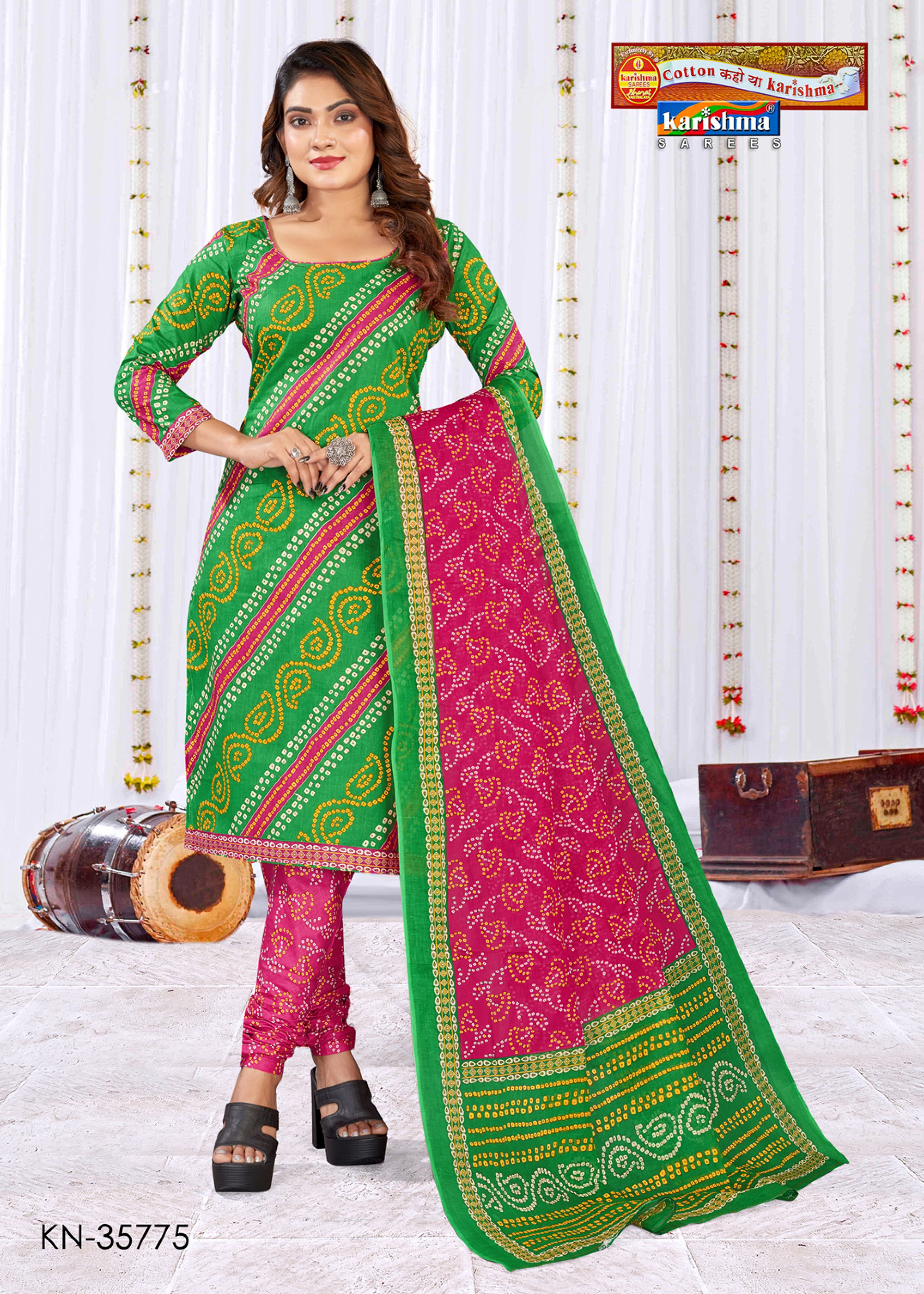 Light And Green Pure Cotton Unstitched Dress Material With Traditional Bandhani Design