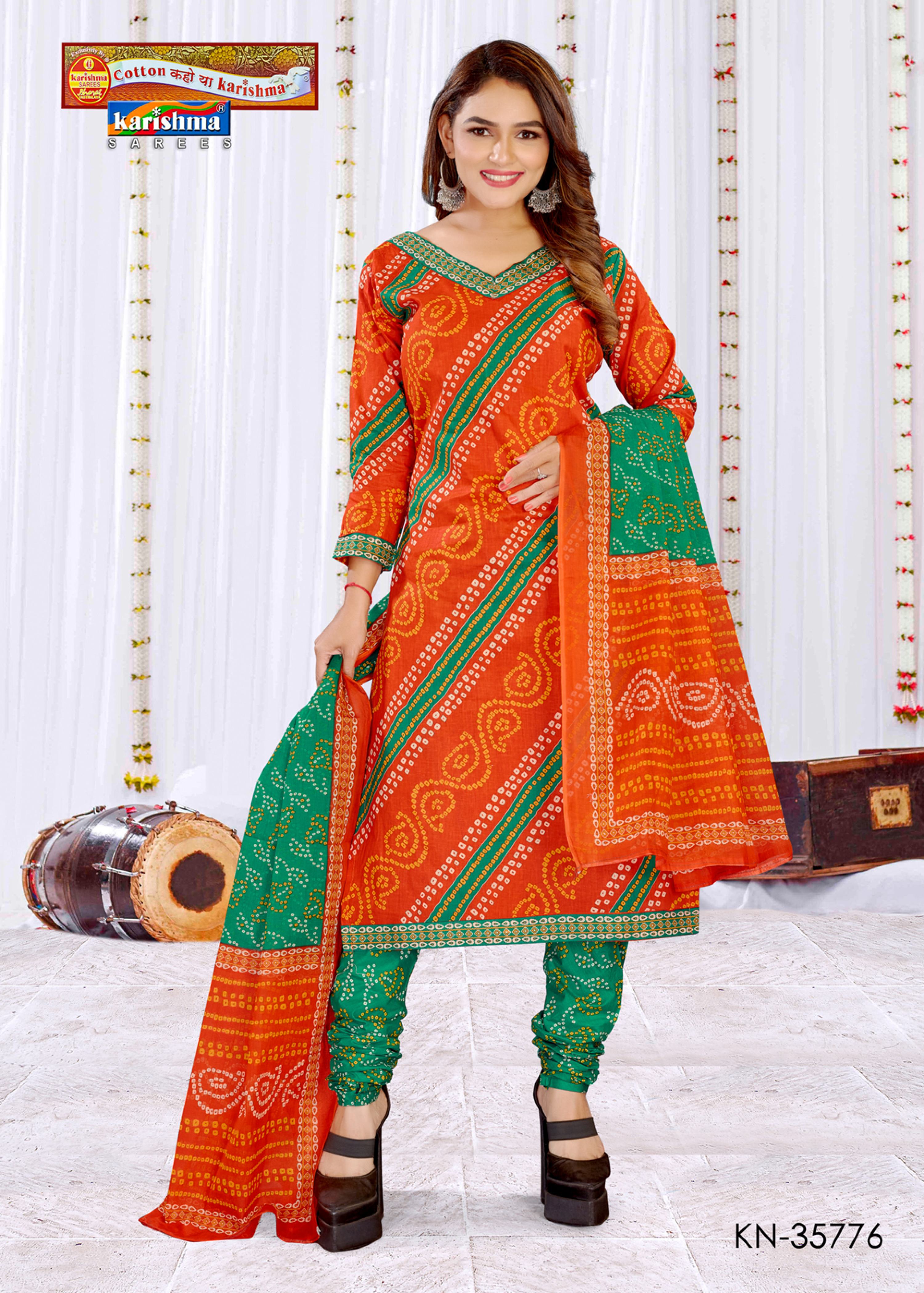 Orange Pure Cotton Unstitched Dress Material With Traditional Bandhani Design