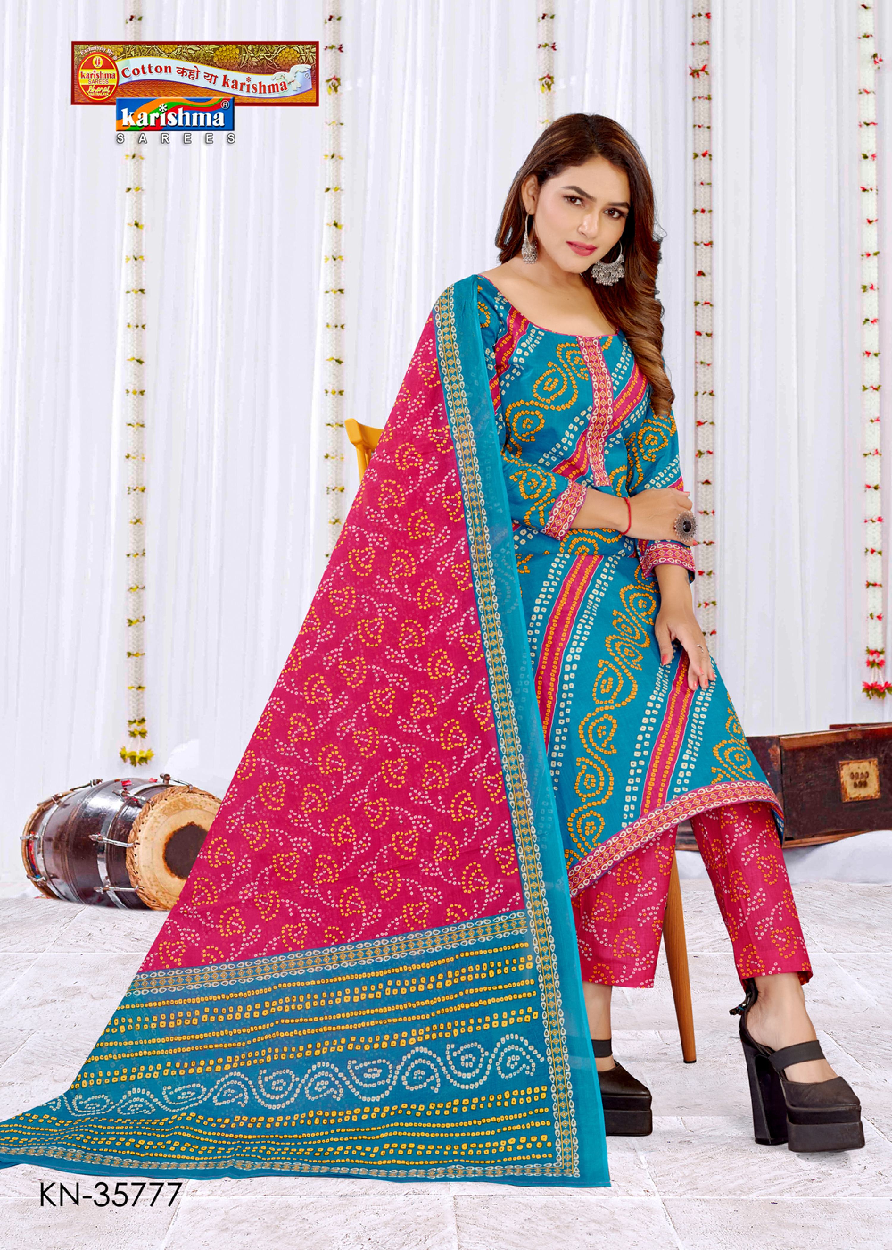 Blue Pure Cotton Unstitched Dress Material With Traditional Bandhani Design