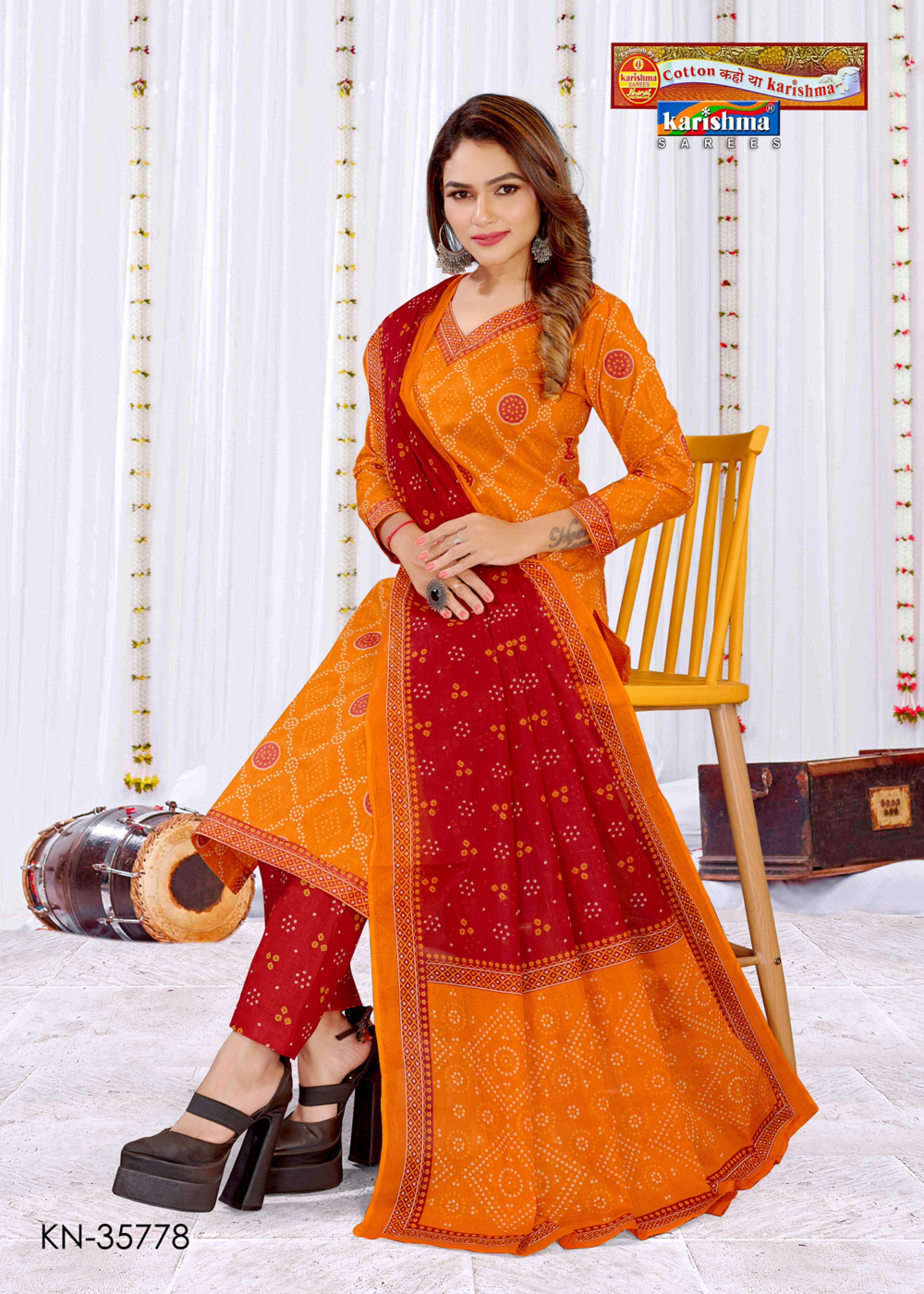 Gold Pure Cotton Unstitched Dress Material With Traditional Bandhani Design