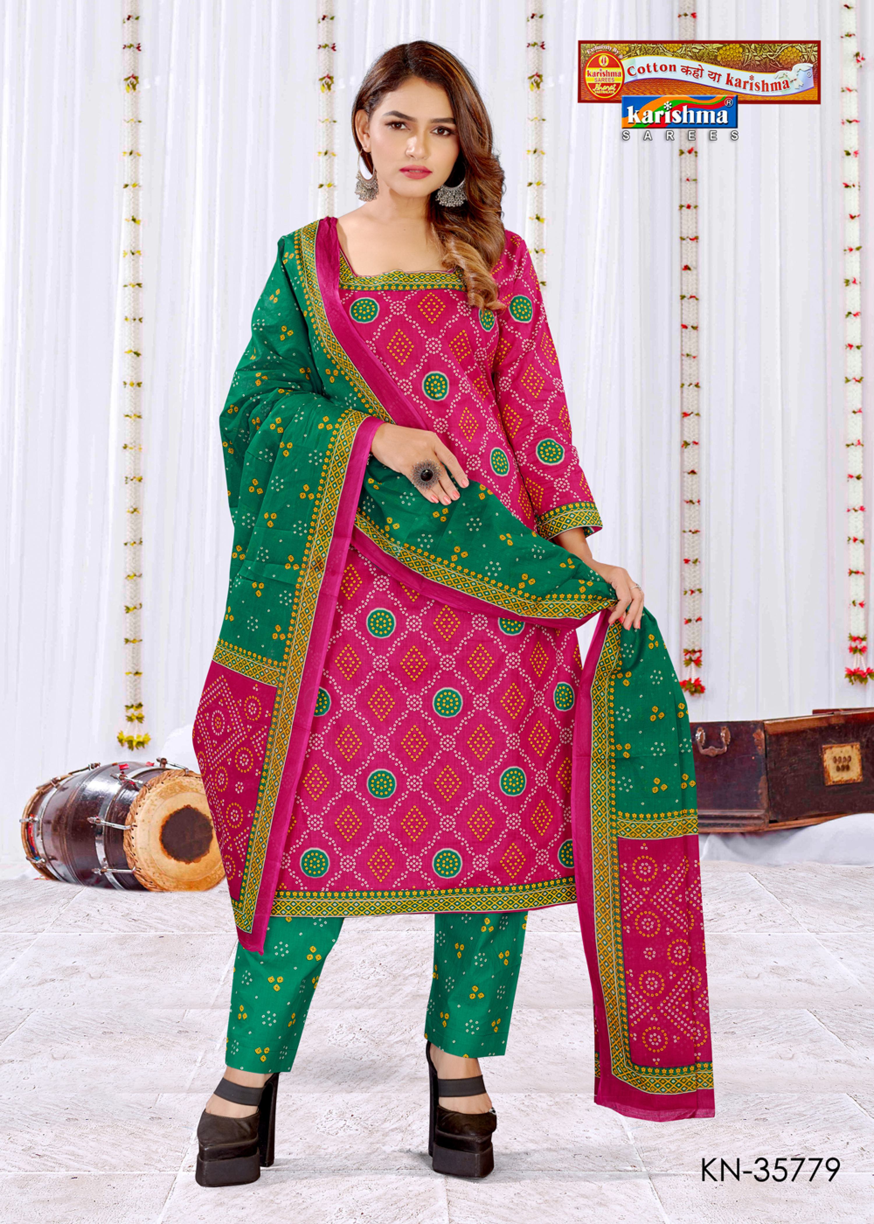 Pink Pure Cotton Unstitched Dress Material With Traditional Bandhani Design