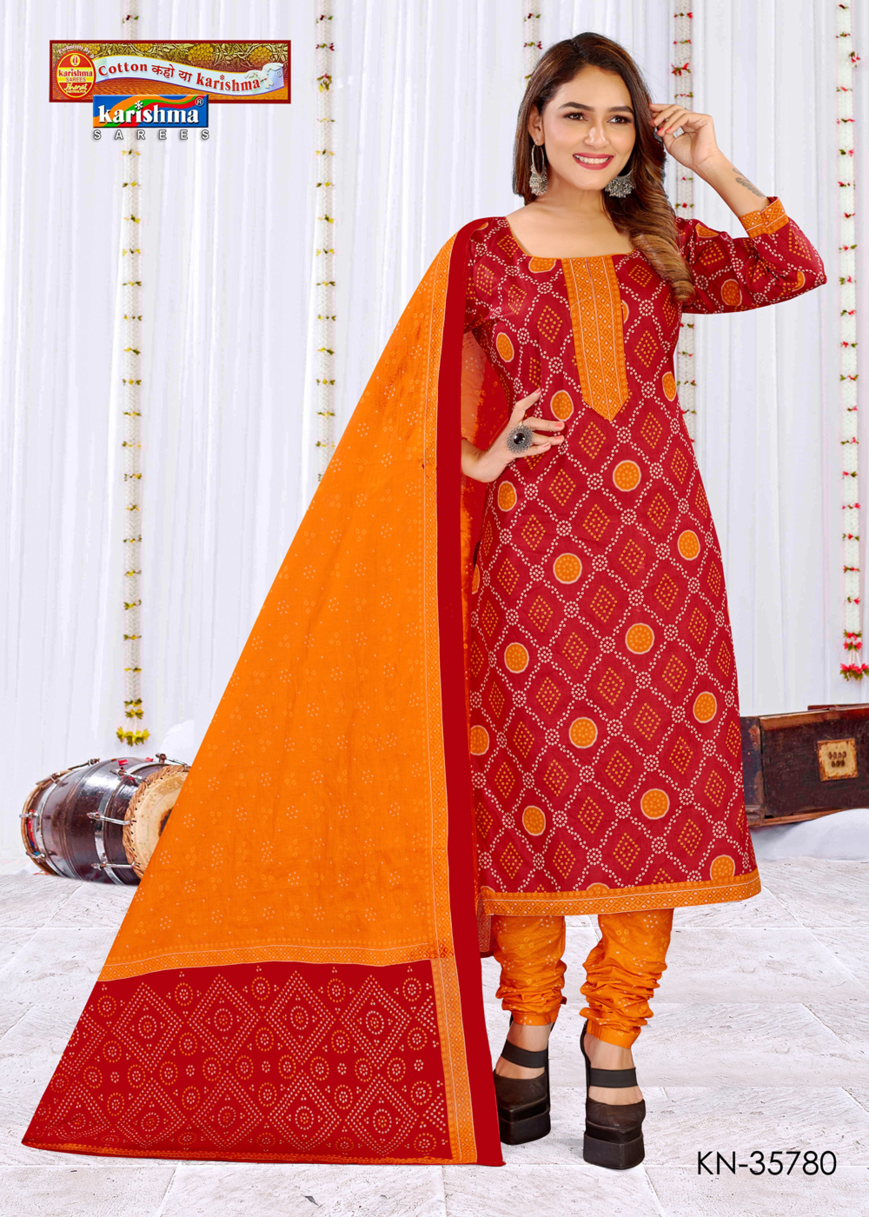 Red And Yellow Pure Cotton Unstitched Dress Material With Traditional Bandhani Design