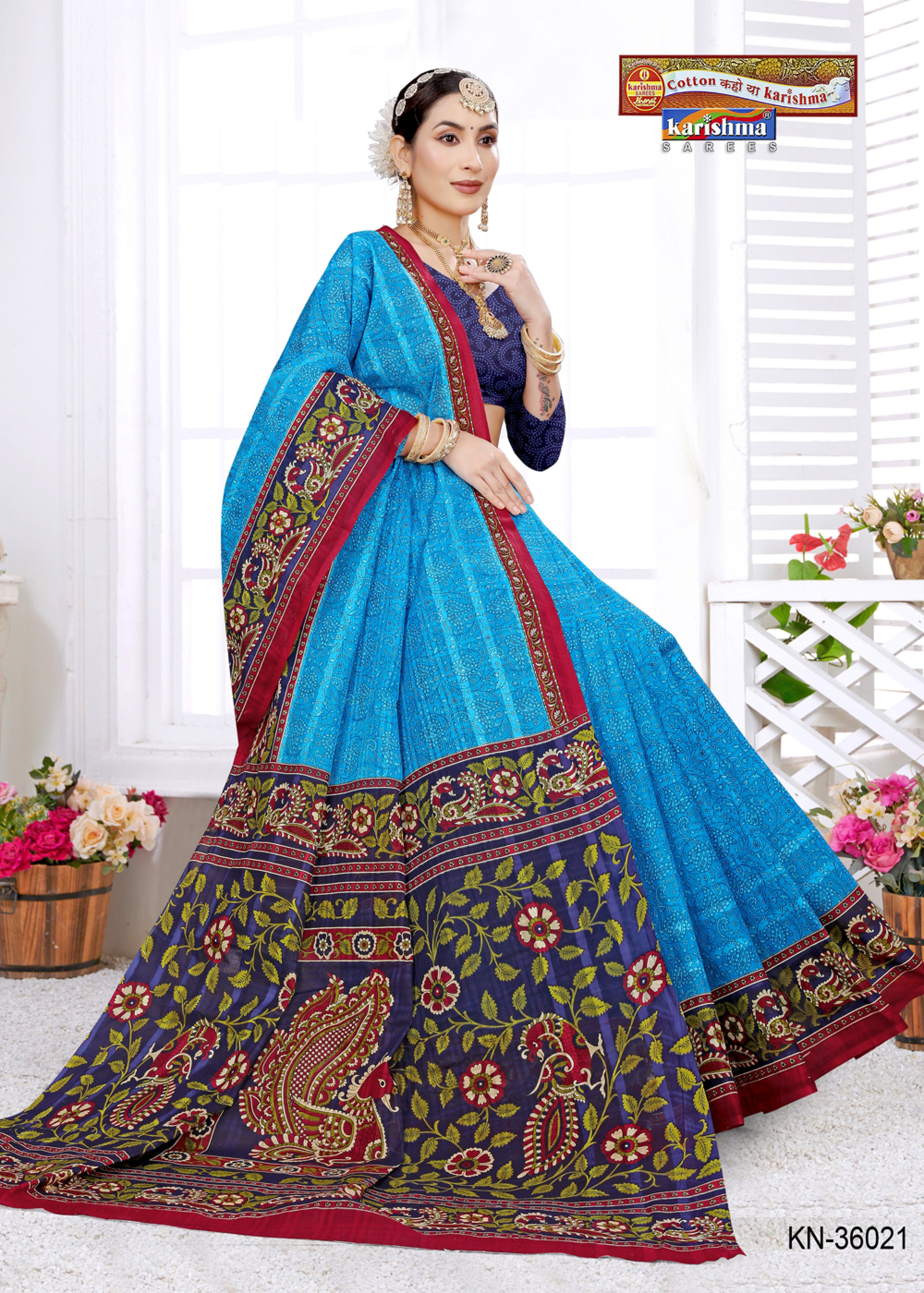 Blue Floral & Peacock Design Printed Soft Mulmul Pure Cotton Saree with Border