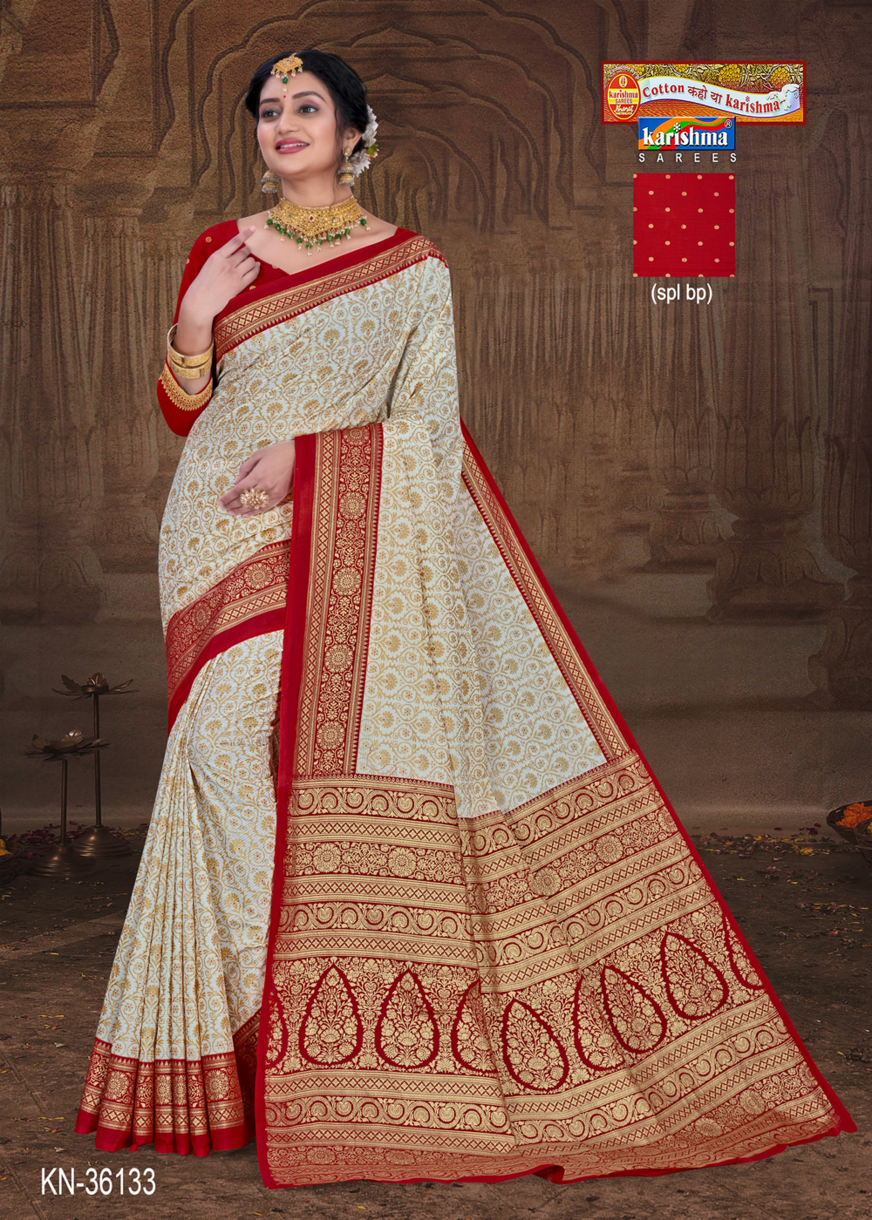 White And Red Pure Cotton Mulmul (Soft) Saree With Traditional Print