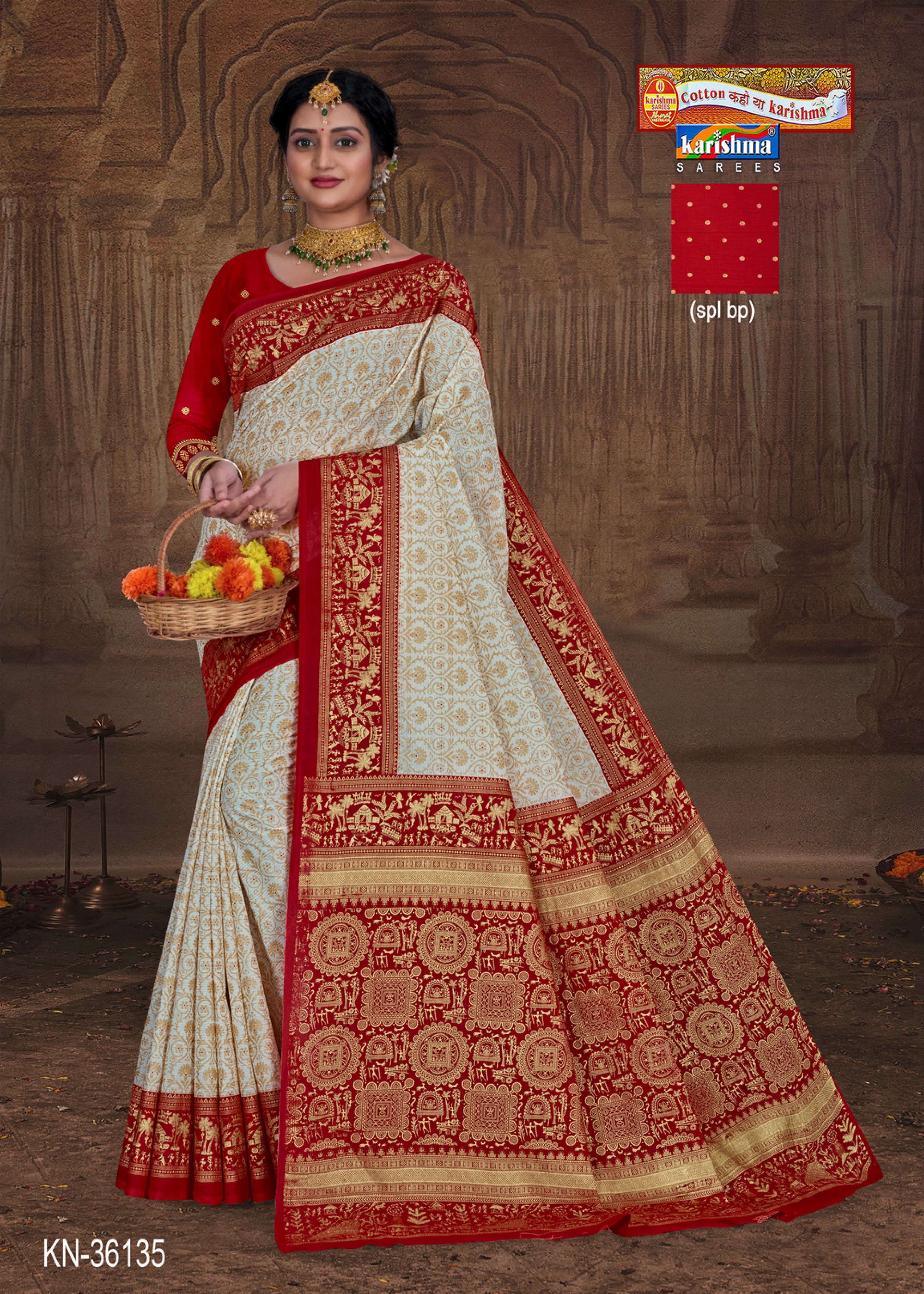 White And Red Pure Cotton Mulmul (Soft) Saree With Traditional Print