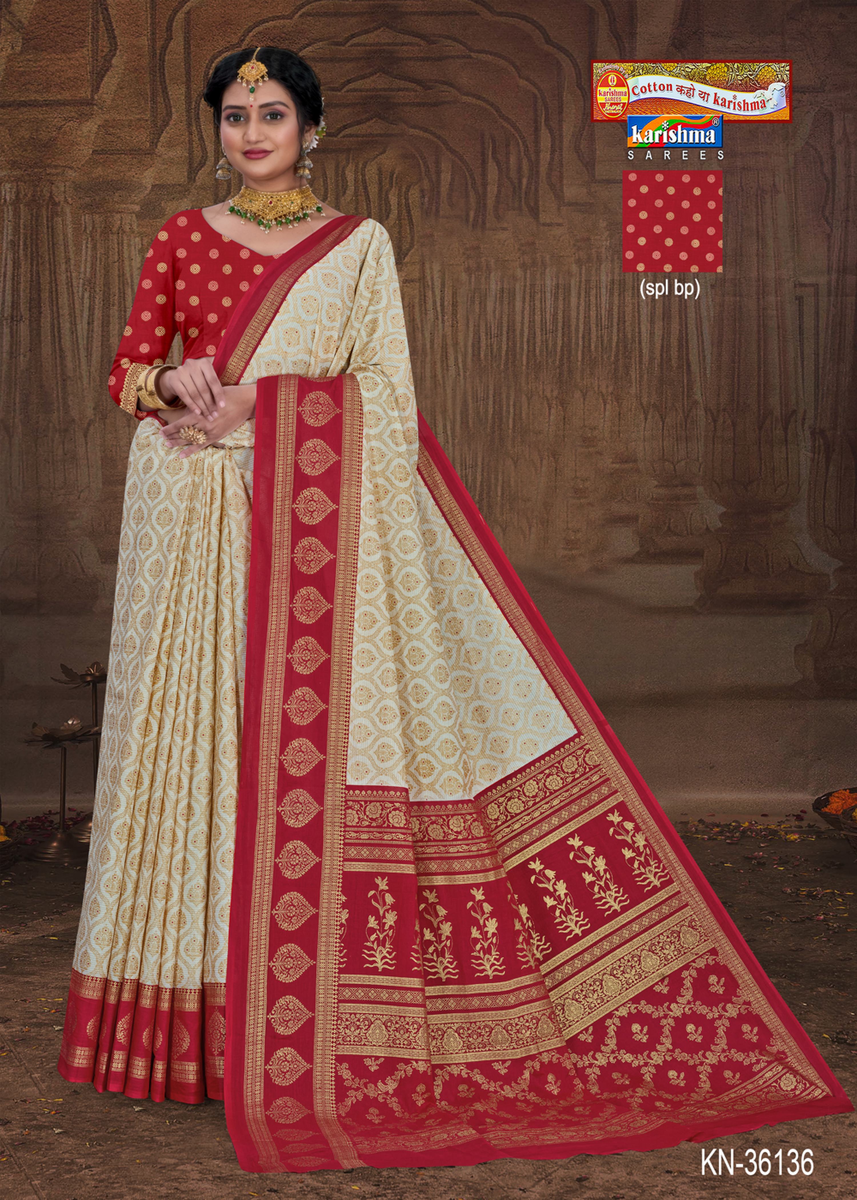 White And Red Pure Cotton Mulmul (Soft) Saree With Traditional Print