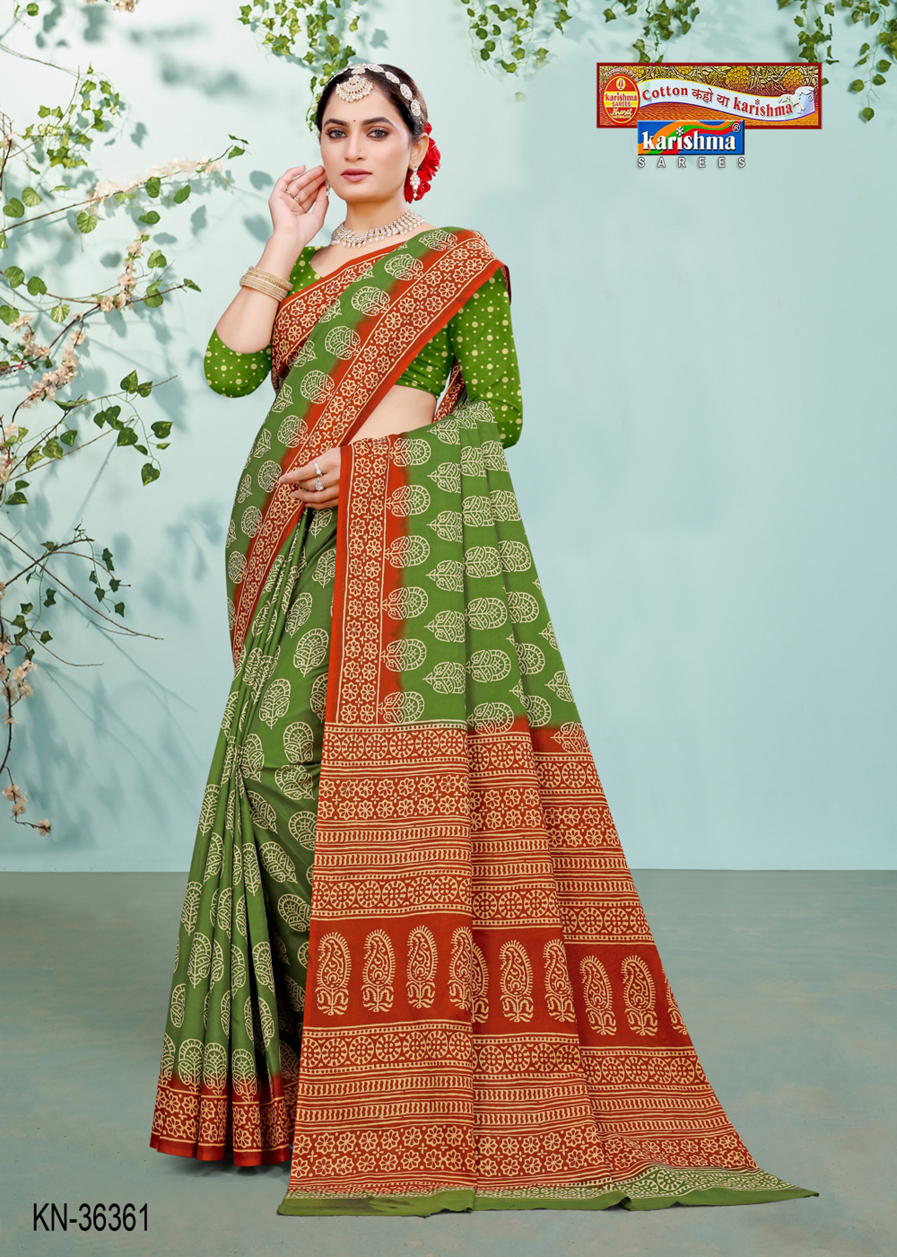 Green Hand Batik Buta Style Shaded Soft Malai Cotton Printed Saree