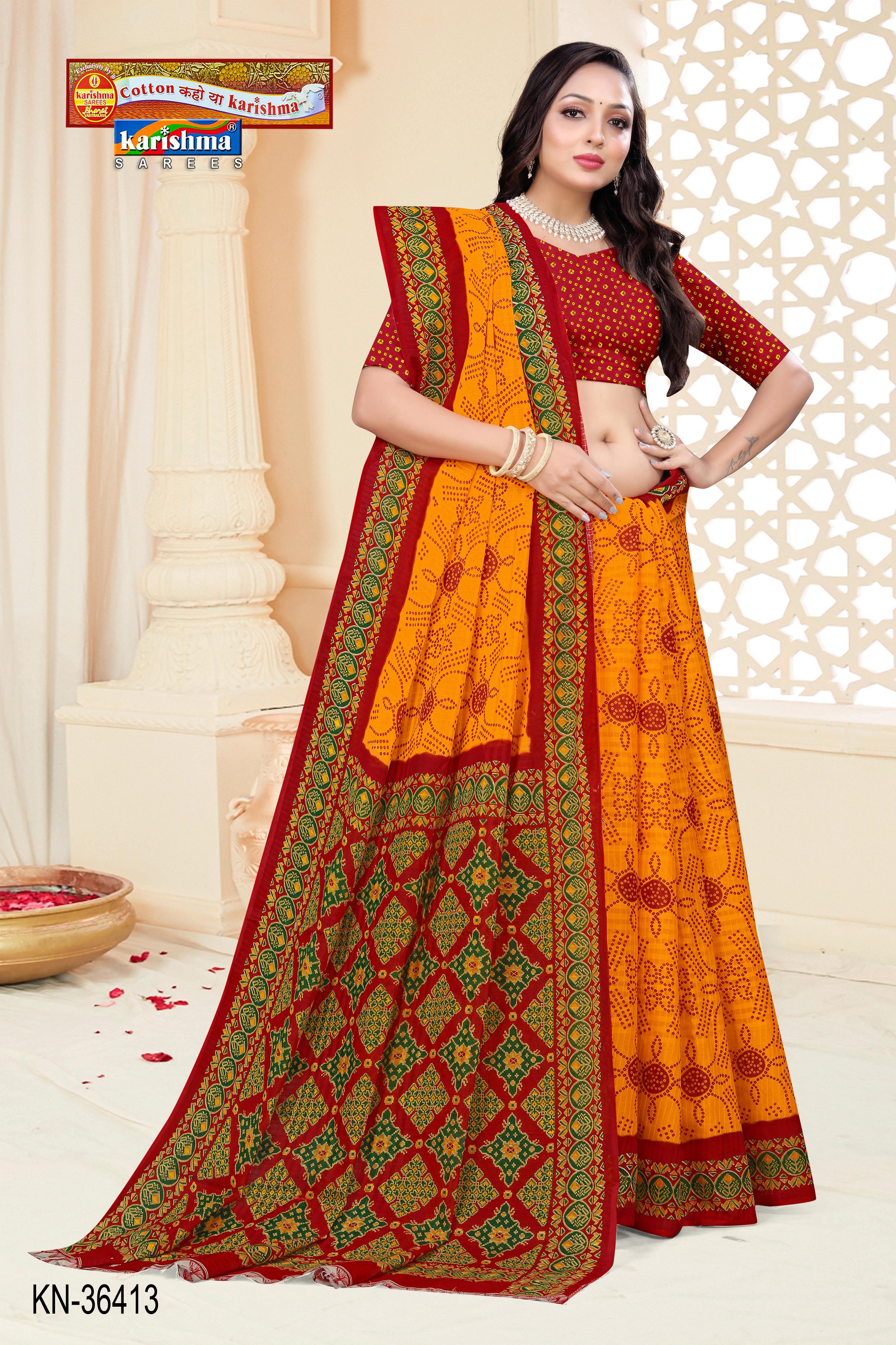 Yellow Traditional Yellow and Red Pure Cotton (mulmul) Saree with Intricate Bandhani/Bandhej Design