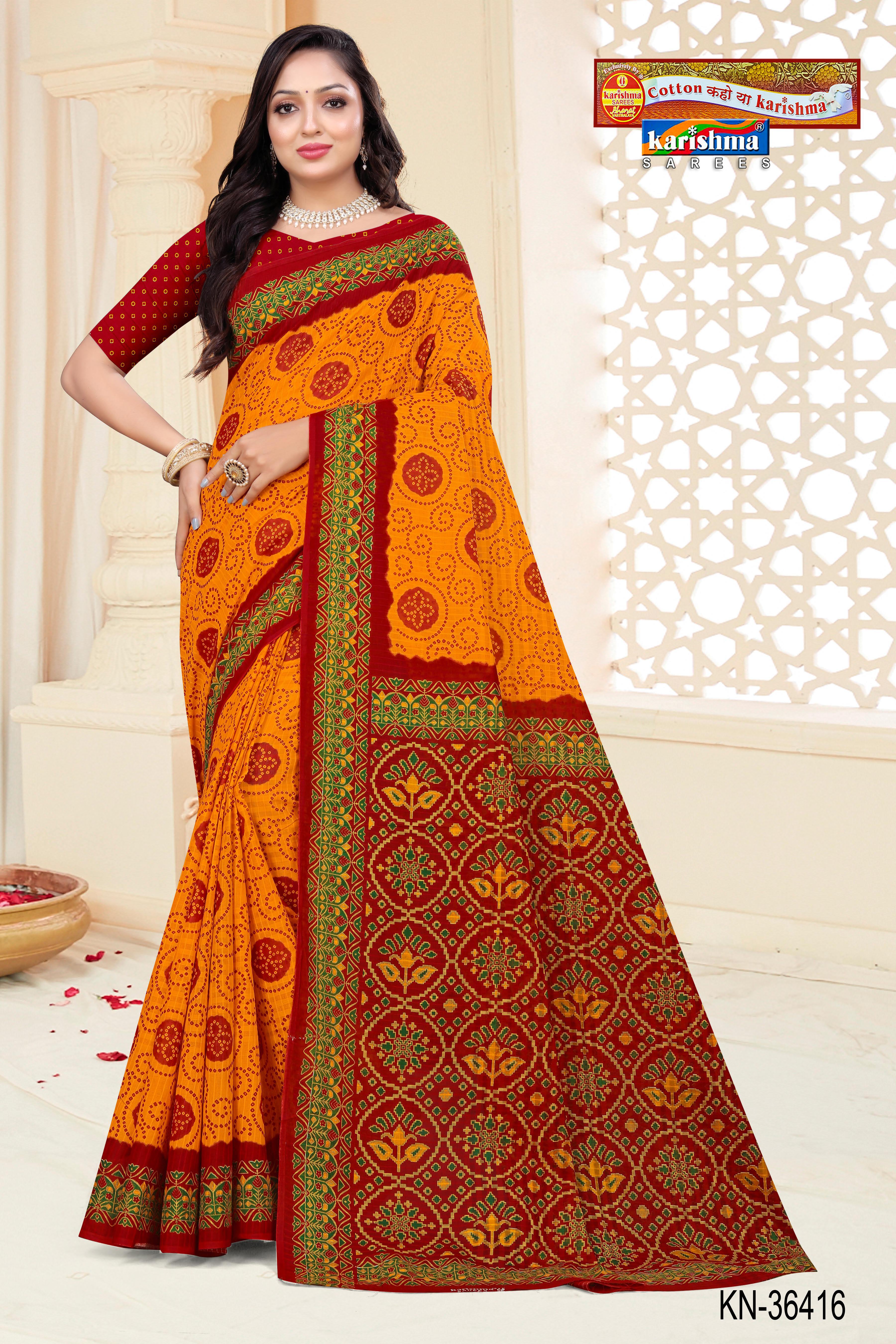 Yellow Traditional Yellow and Red Pure Cotton (mulmul) Saree with Intricate Bandhani/Bandhej Design