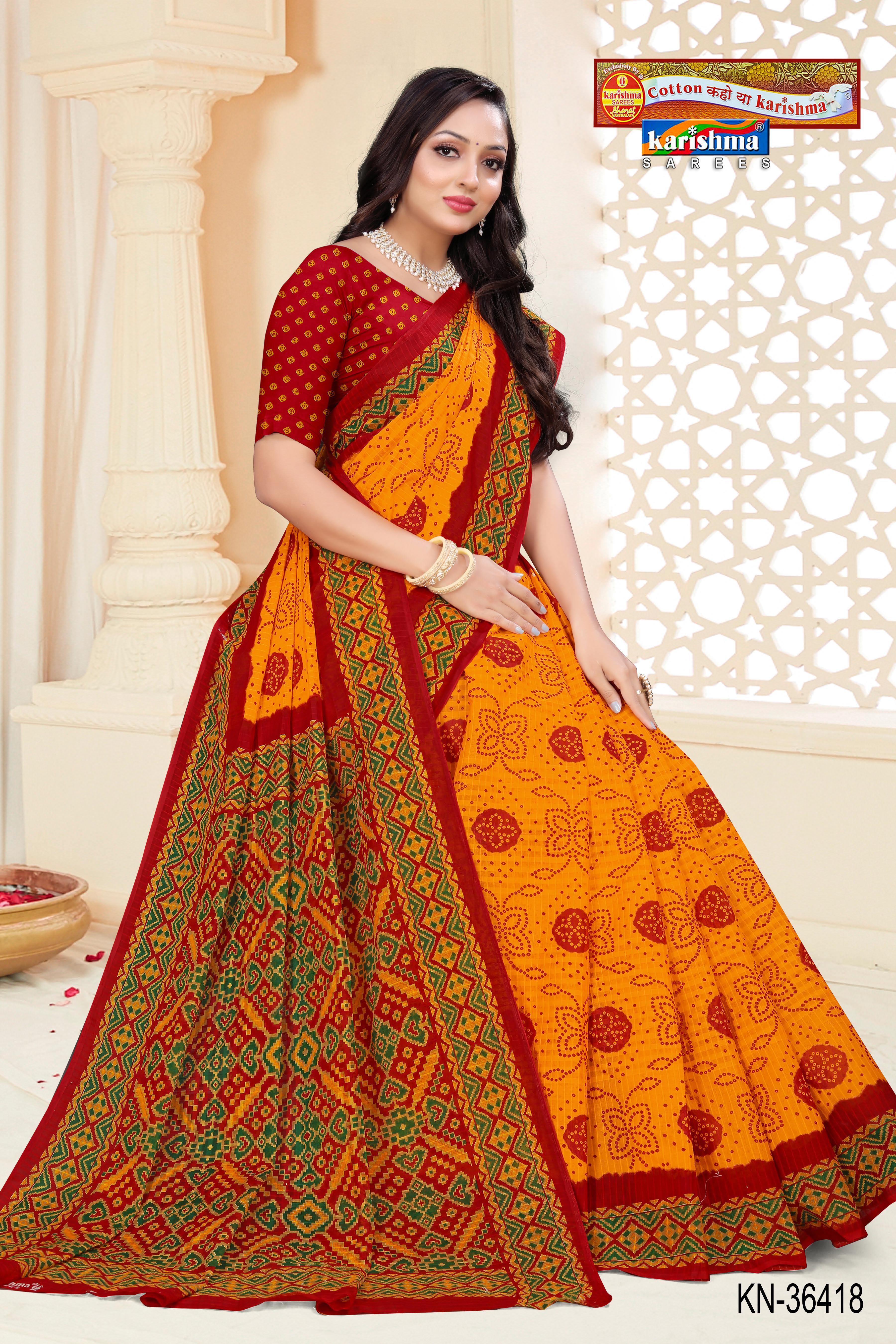Yellow Traditional Yellow and Red Pure Cotton (mulmul) Saree with Intricate Bandhani/Bandhej Design