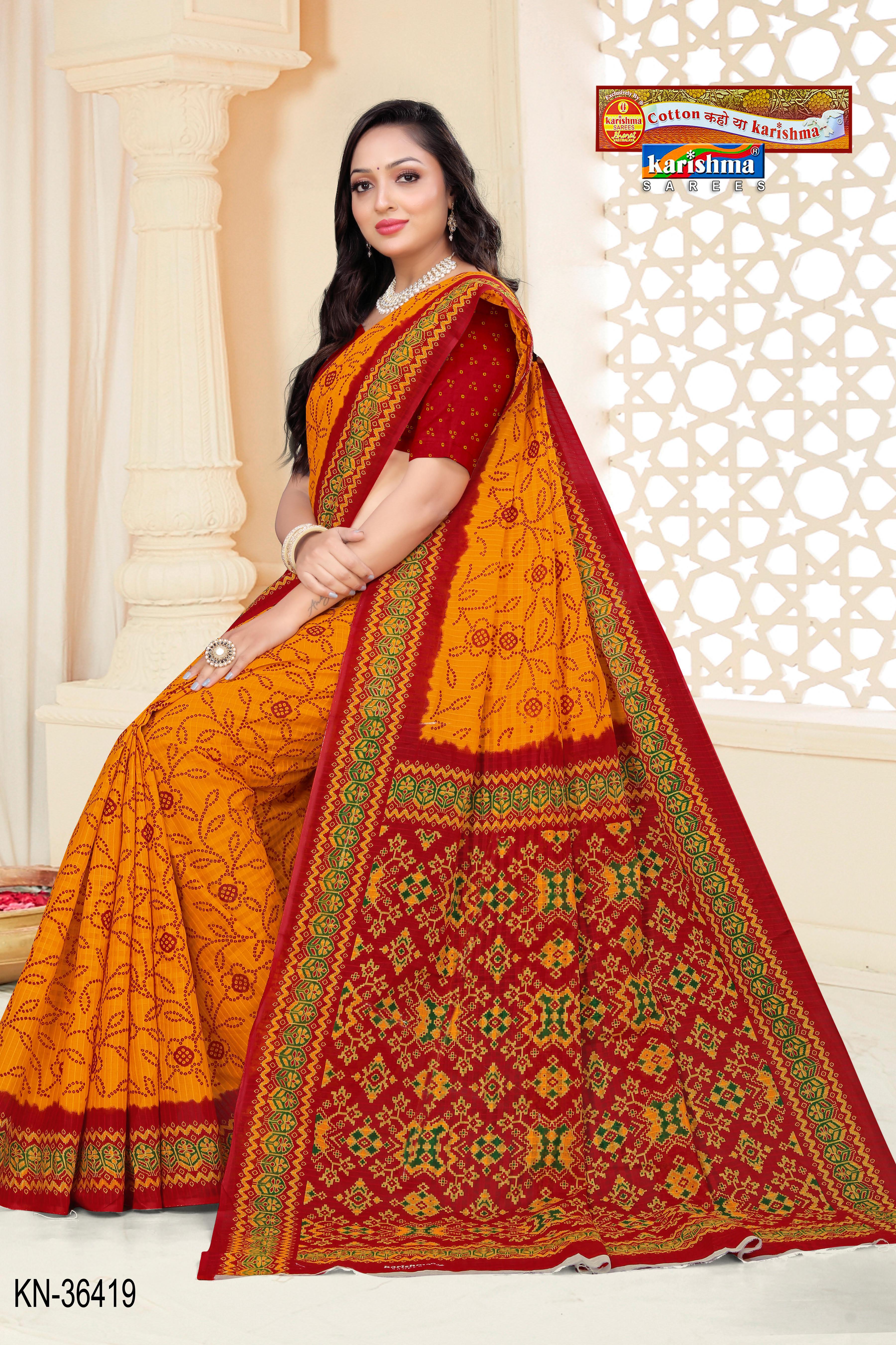Yellow Traditional Yellow and Red Pure Cotton (mulmul) Saree with Intricate Bandhani/Bandhej Design