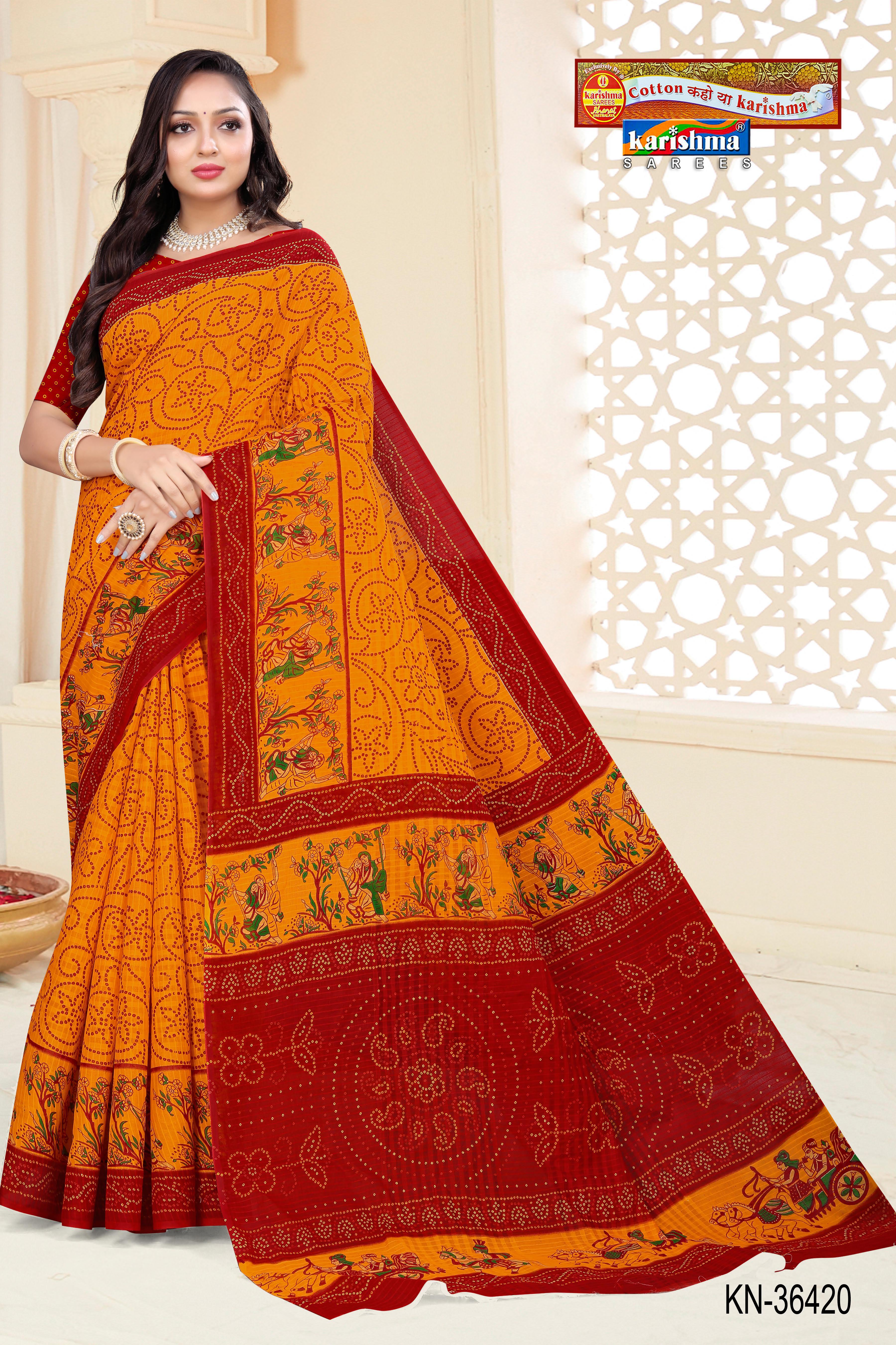 Yellow Traditional Yellow and Red Pure Cotton (mulmul) Saree with Intricate Bandhani/Bandhej Design