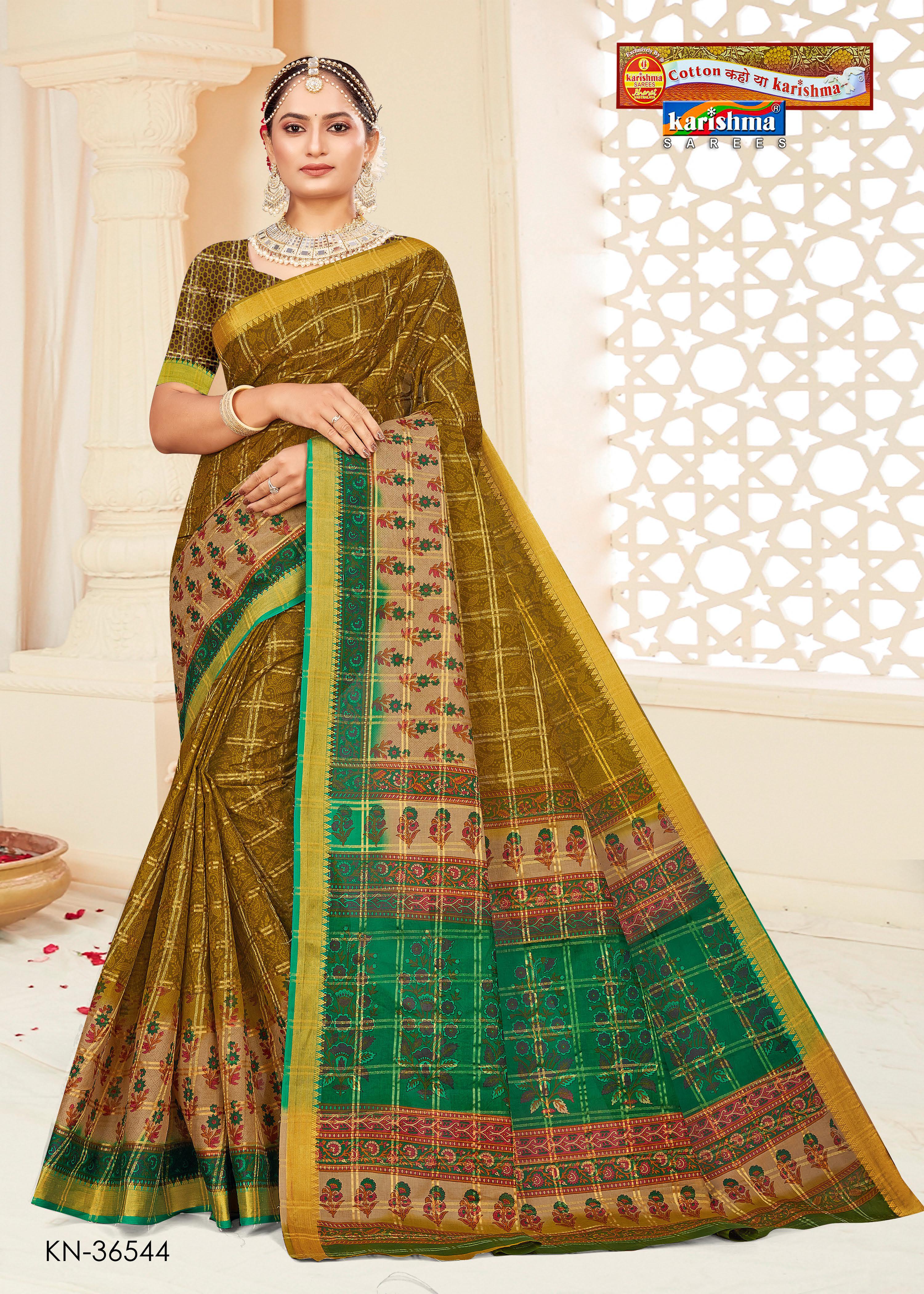 Olive Gold Zari Festive Floral Design Printed Mulmul Pure Cotton Saree with Border