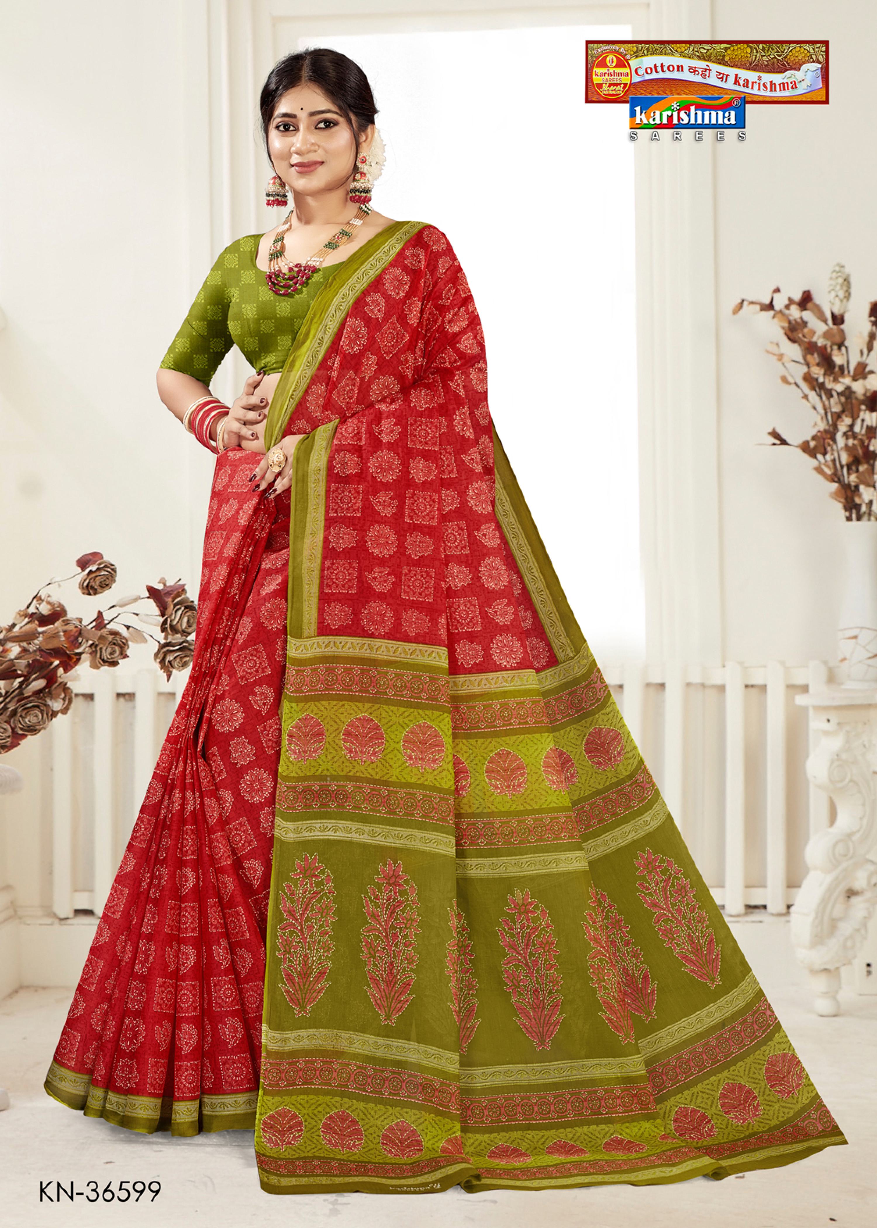 Red Block Design Printed Pure Cotton Everyday Office Wear Saree