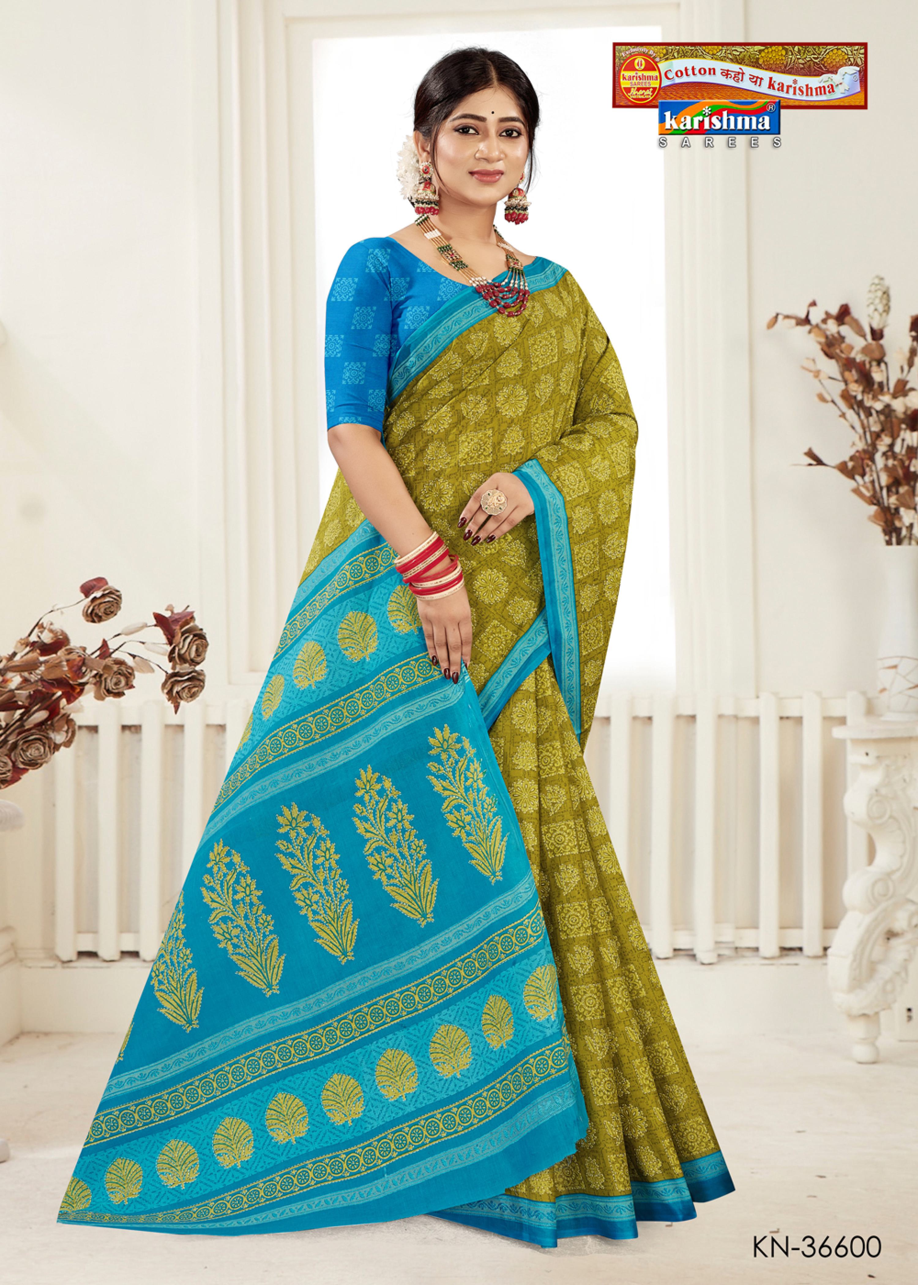 Olive Block Design Printed Pure Cotton Everyday Office Wear Saree