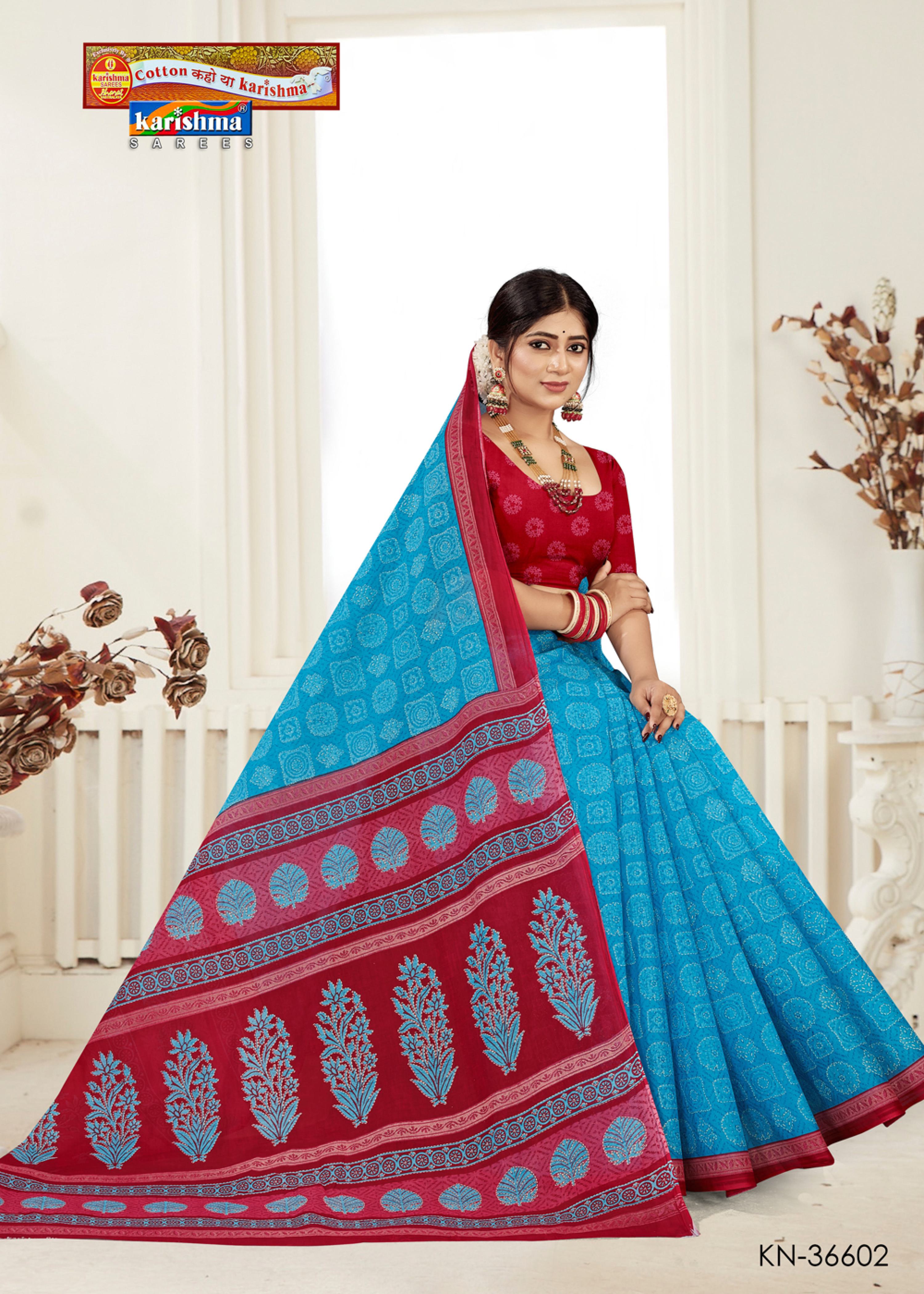 Blue Block Design Printed Pure Cotton Everyday Office Wear Saree