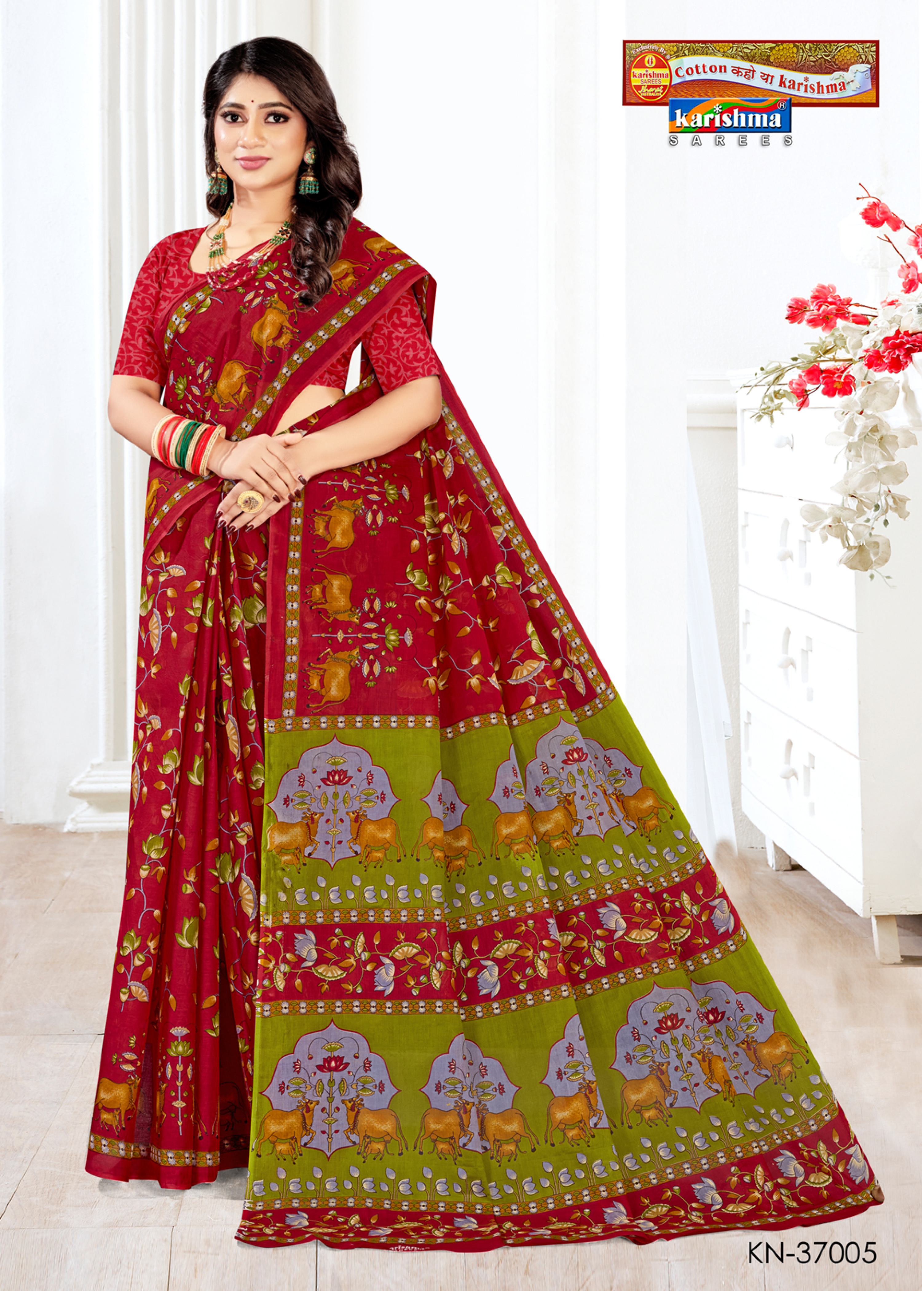 Red Pichwai Temple Design Printed Pure Mulmul Cotton Saree