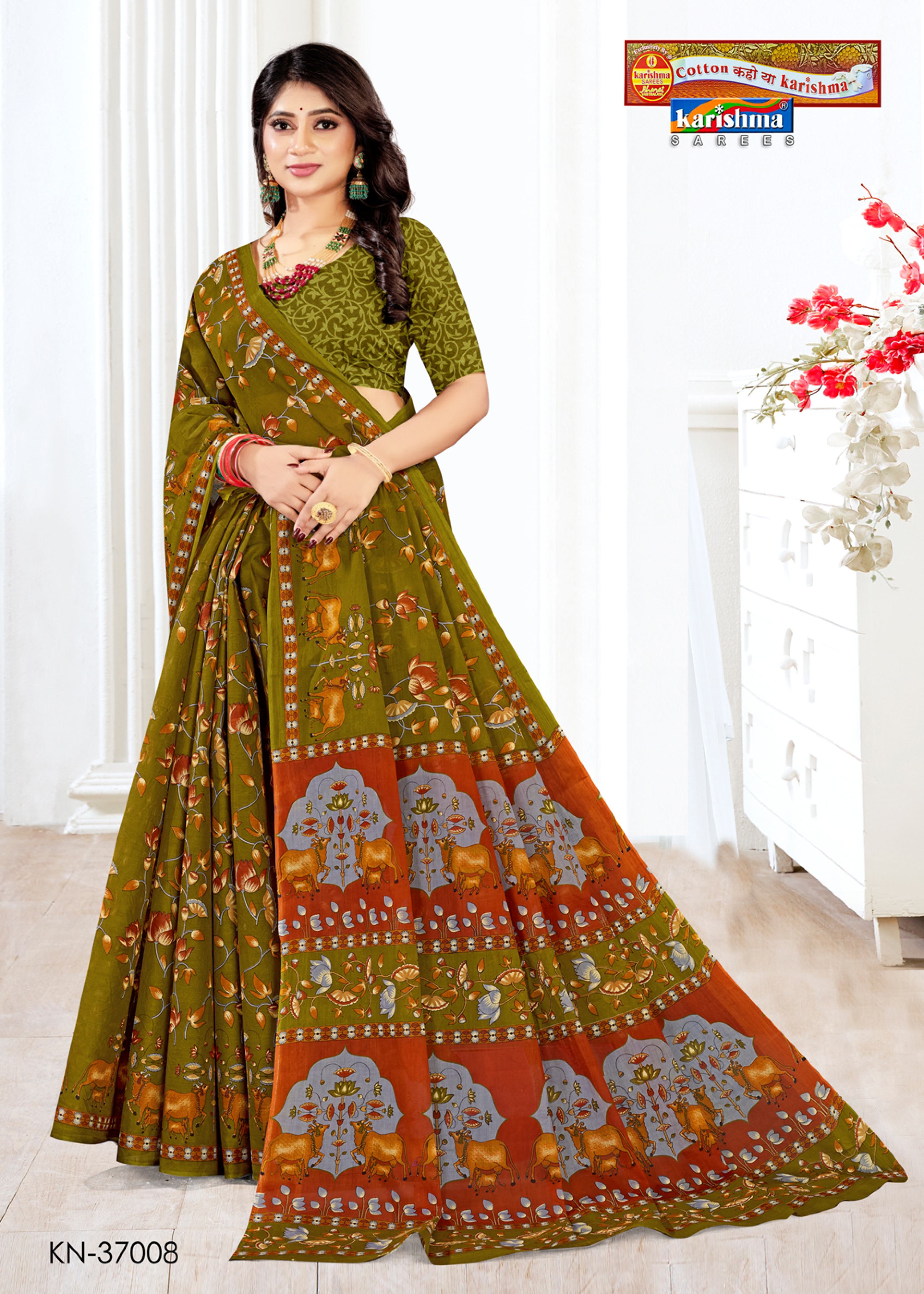 Olive Pichwai Temple Design Printed Pure Mulmul Cotton Saree