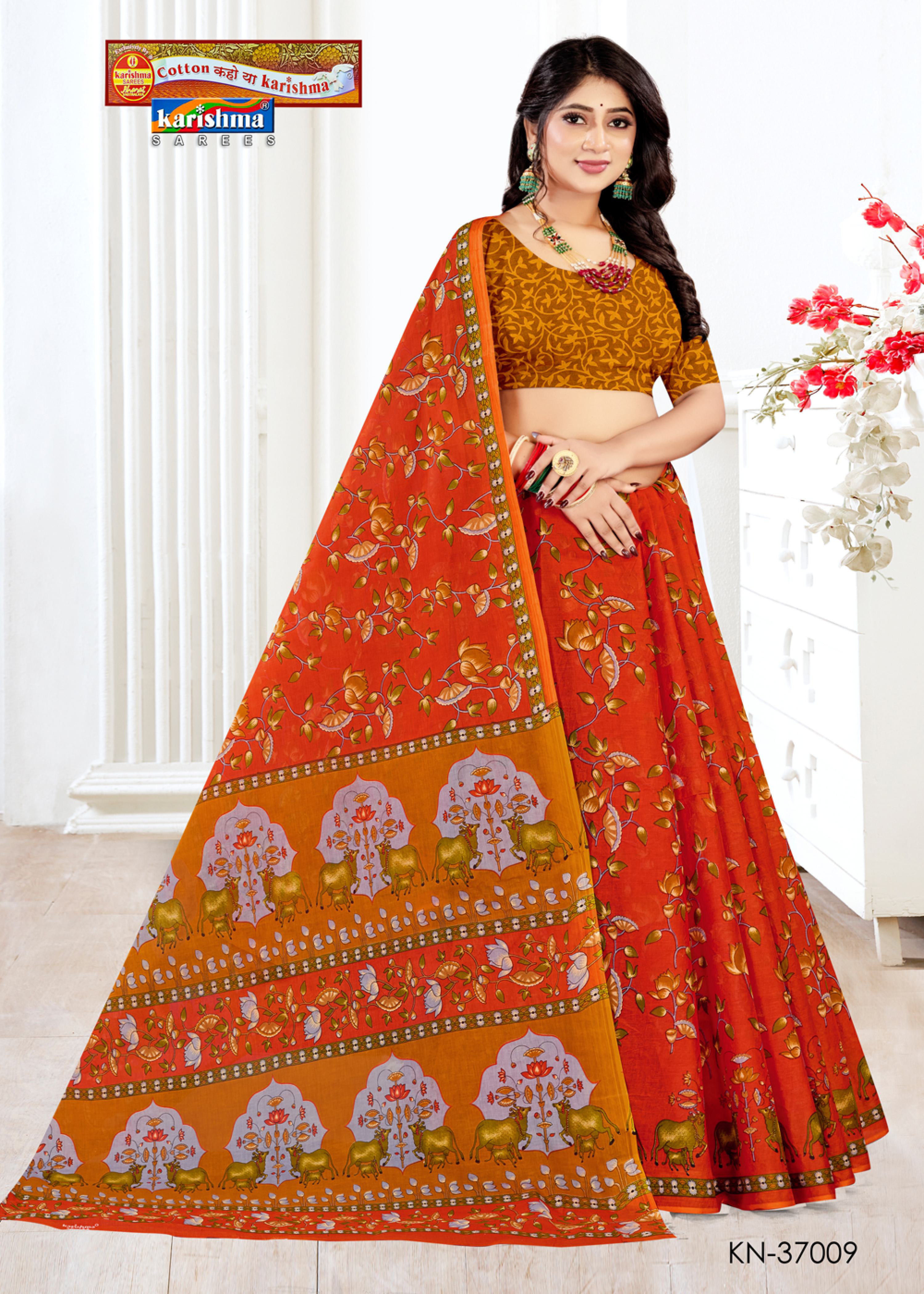 Orange Pichwai Temple Design Printed Pure Mulmul Cotton Saree