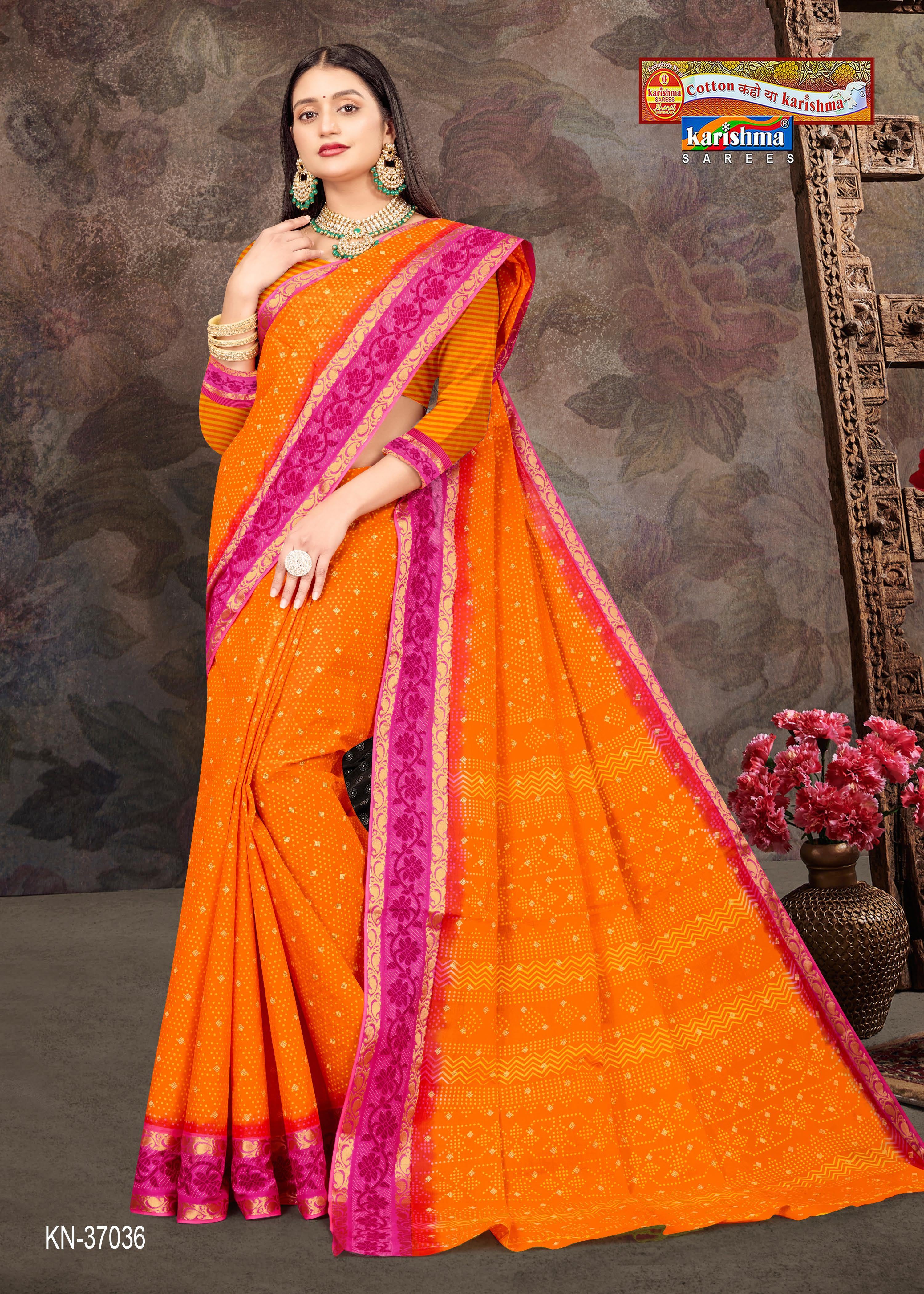 Orange Pattu Design Festive Gold Zari Bentex Border Printed Pure Cotton Saree