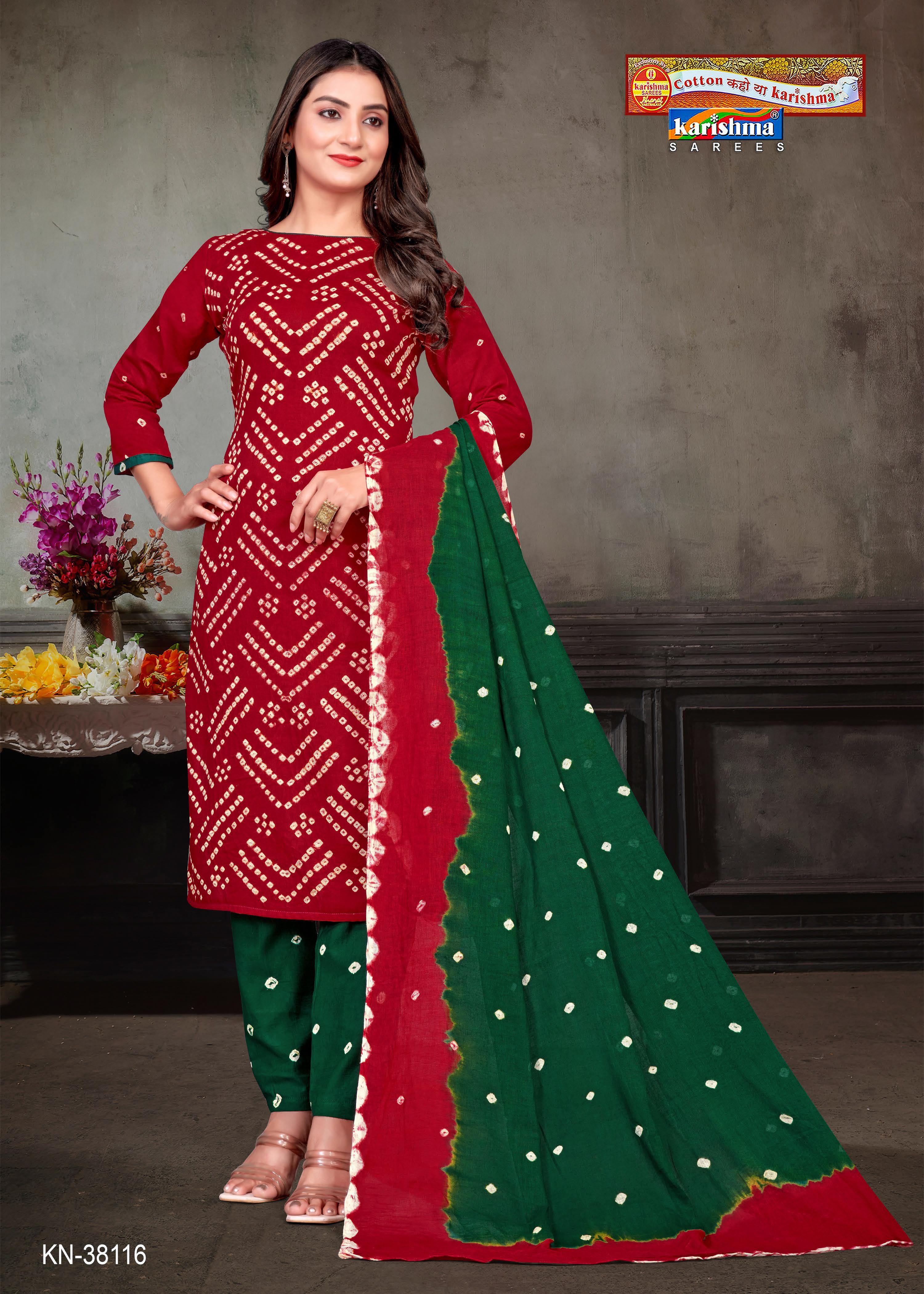 Red Hand Bandhej Bandhani Print Design Unstitched Pure Cotton Dress Material Set