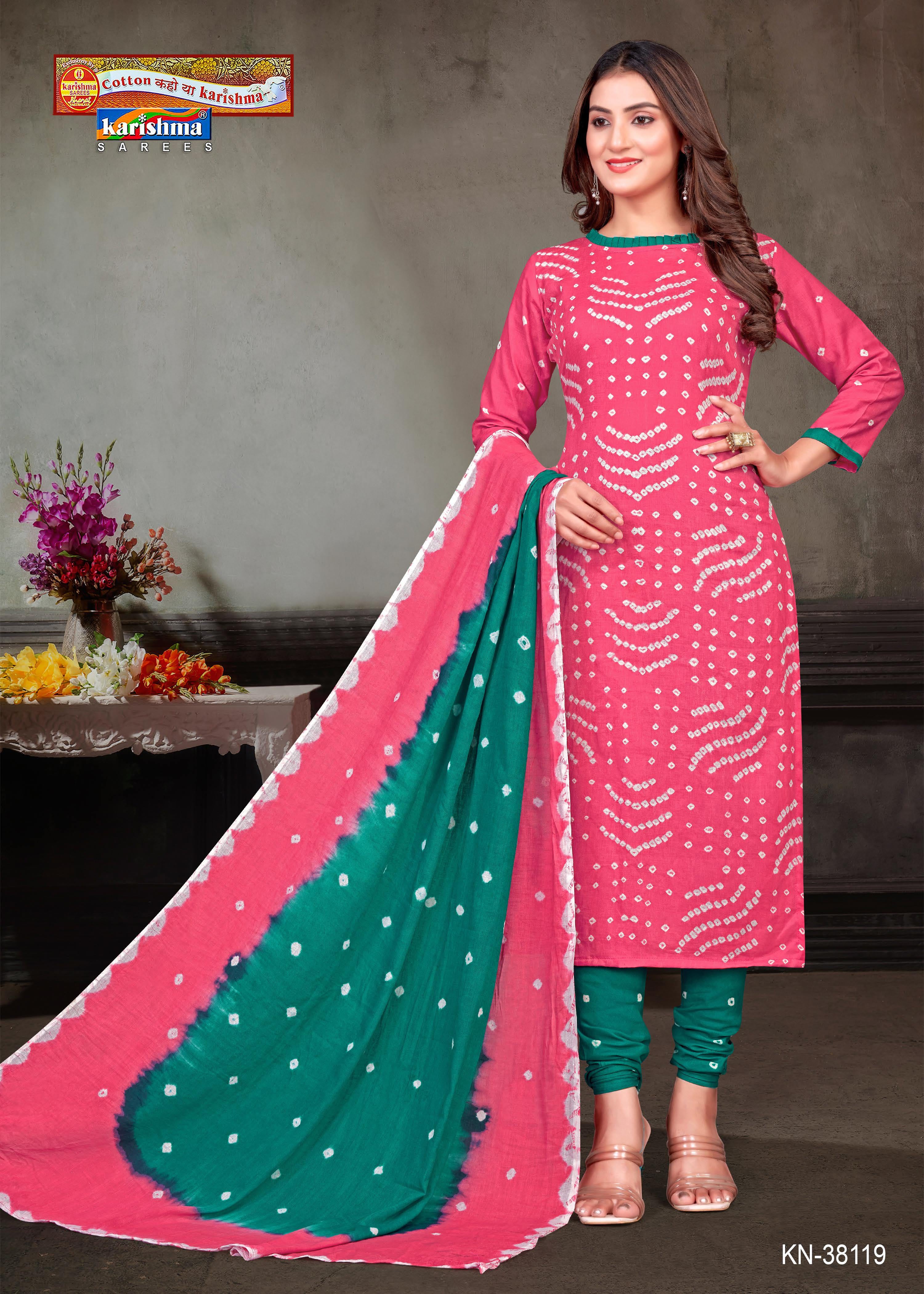 Pink Hand Bandhej Bandhani Print Design Unstitched Pure Cotton Dress Material Set