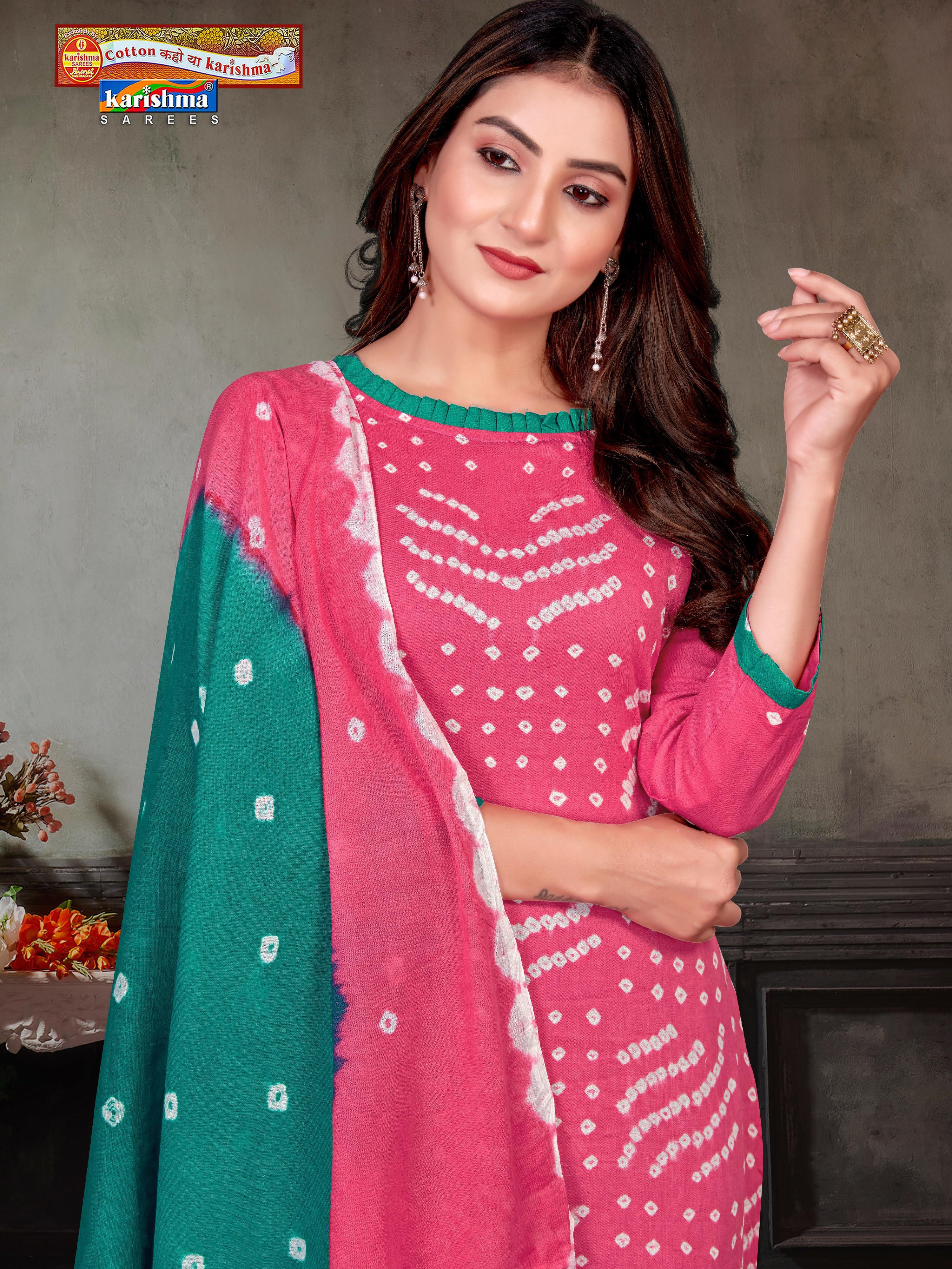 Pink Hand Bandhej Bandhani Print Design Unstitched Pure Cotton Dress Material Set