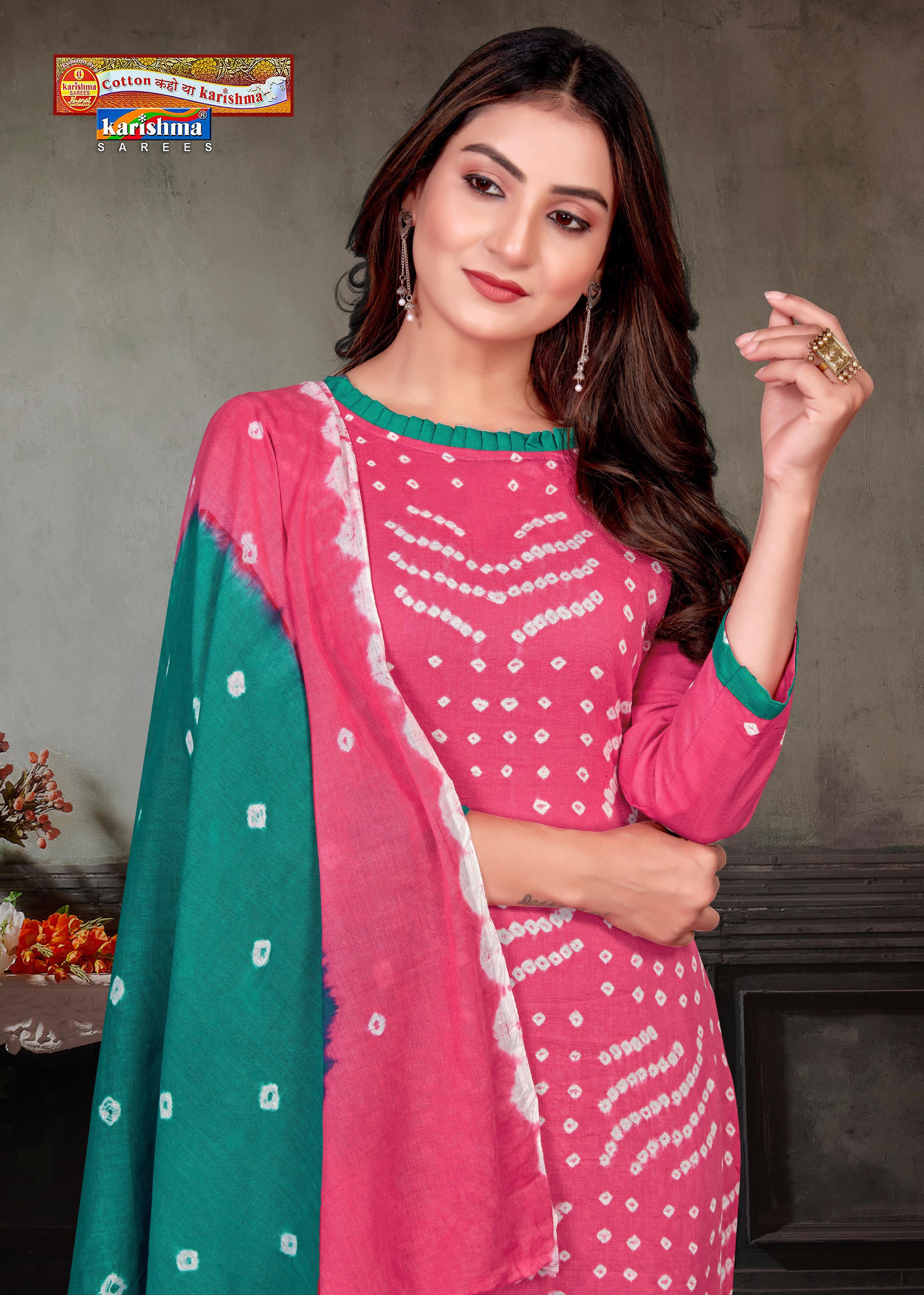 Pink Hand Bandhej Bandhani Print Design Unstitched Pure Cotton Dress Material Set