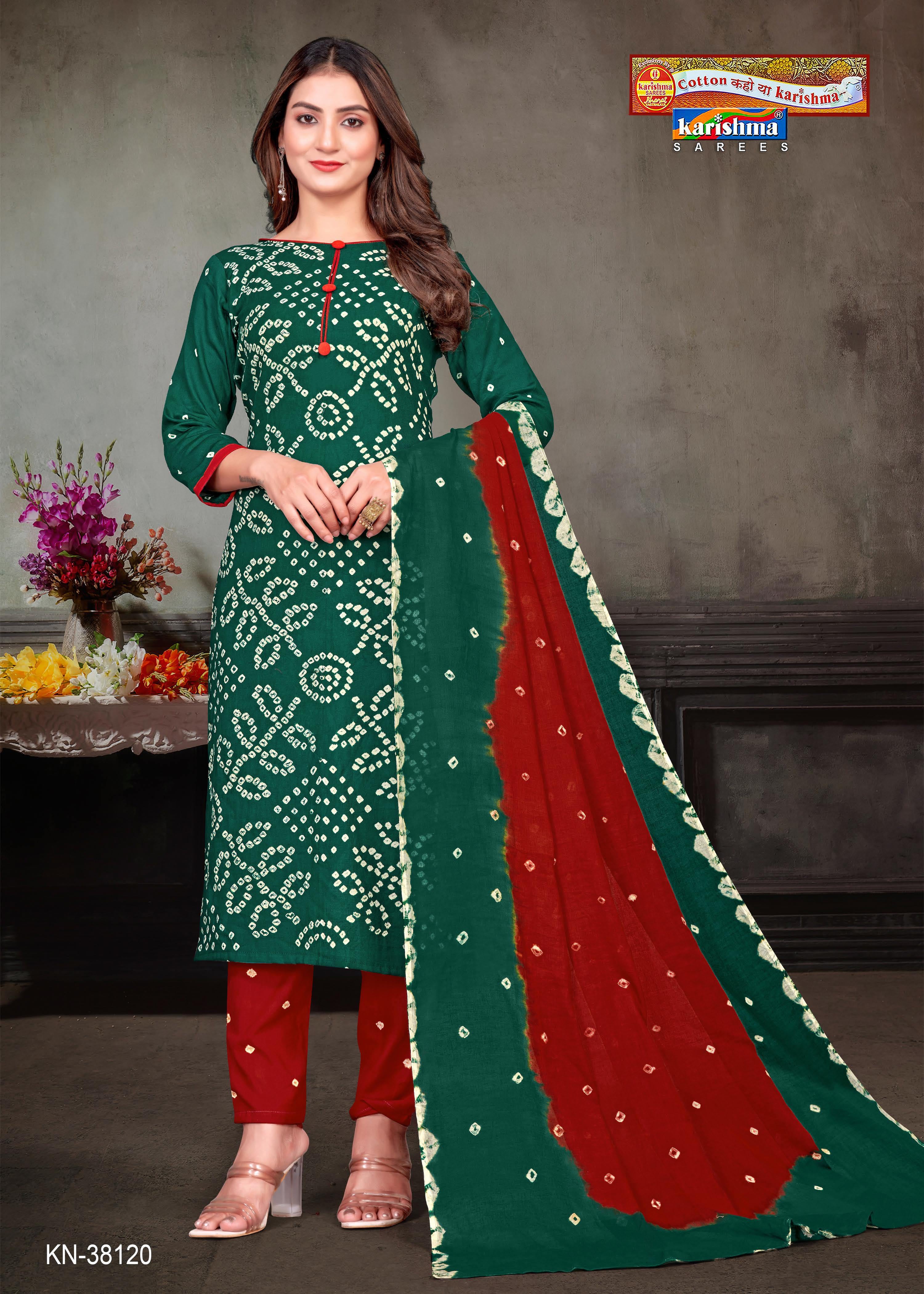 Green Hand Bandhej Bandhani Print Design Unstitched Pure Cotton Dress Material Set