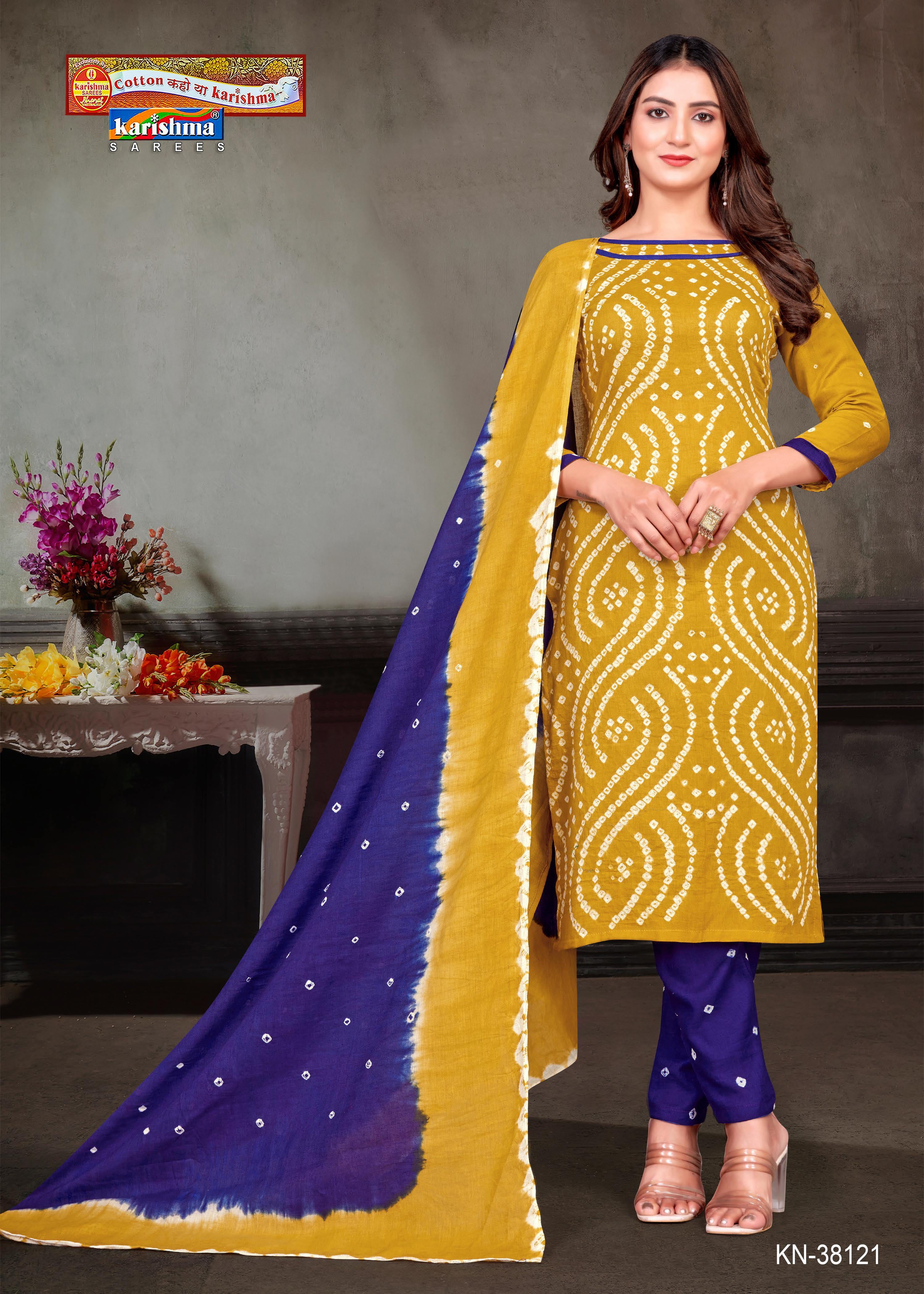 Yellow Hand Bandhej Bandhani Print Design Unstitched Pure Cotton Dress Material Set