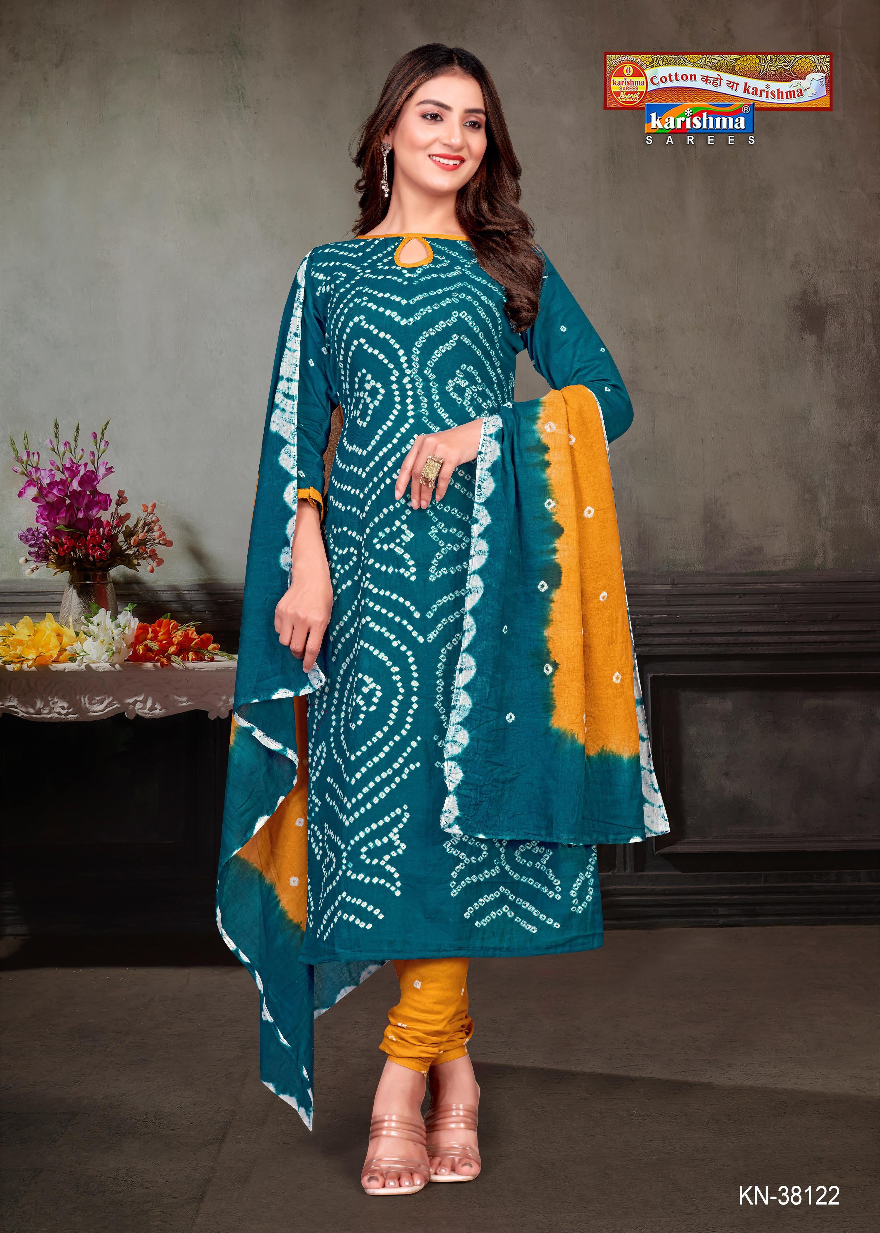 Teal Hand Bandhej Bandhani Print Design Unstitched Pure Cotton Dress Material Set