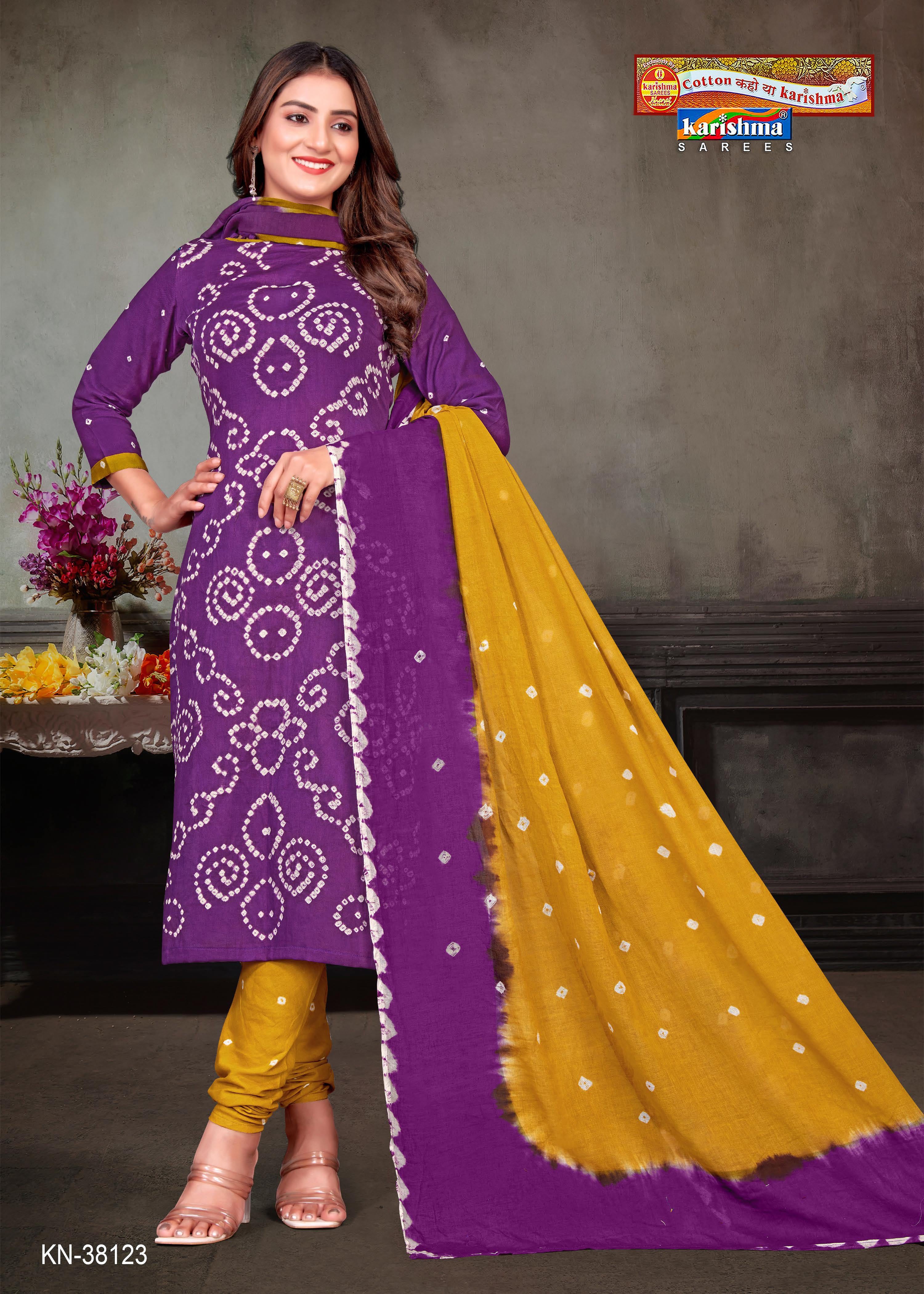 Purple Hand Bandhej Bandhani Print Design Unstitched Pure Cotton Dress Material Set