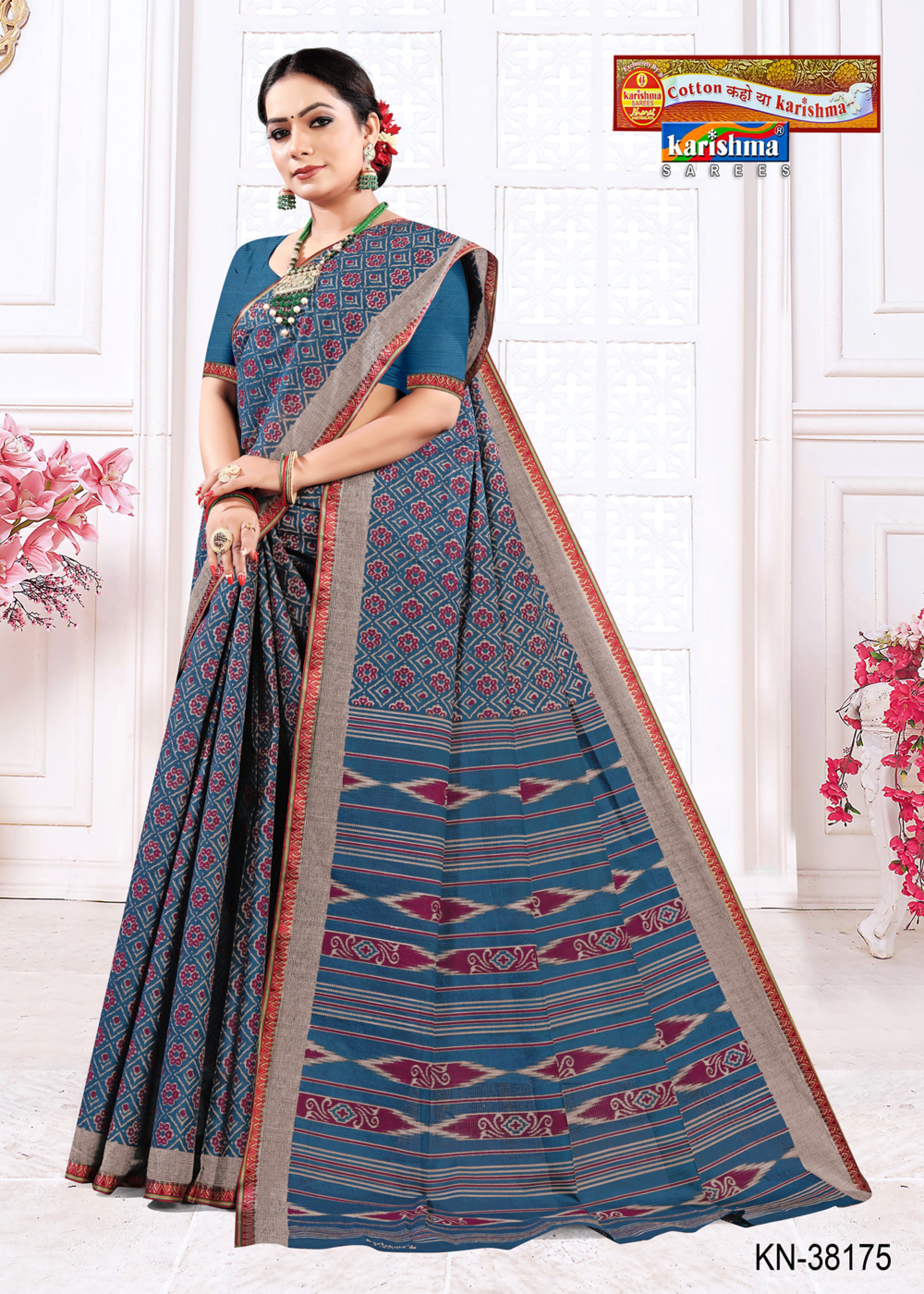 Blue Ikat Motif Traditional Design Printed Pure Mulmul Cotton Saree