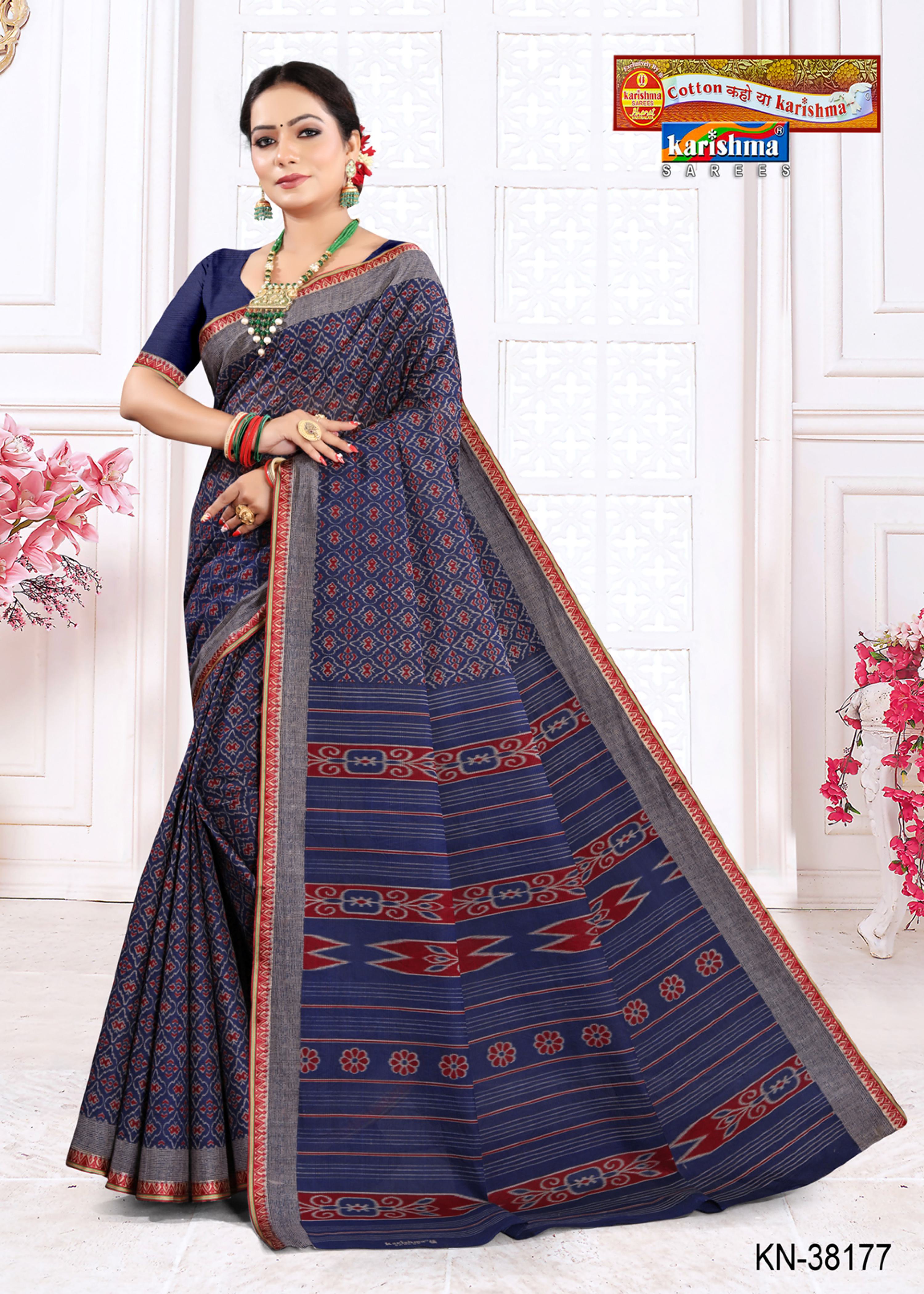 Navy Ikat Motif Traditional Design Printed Pure Mulmul Cotton Saree