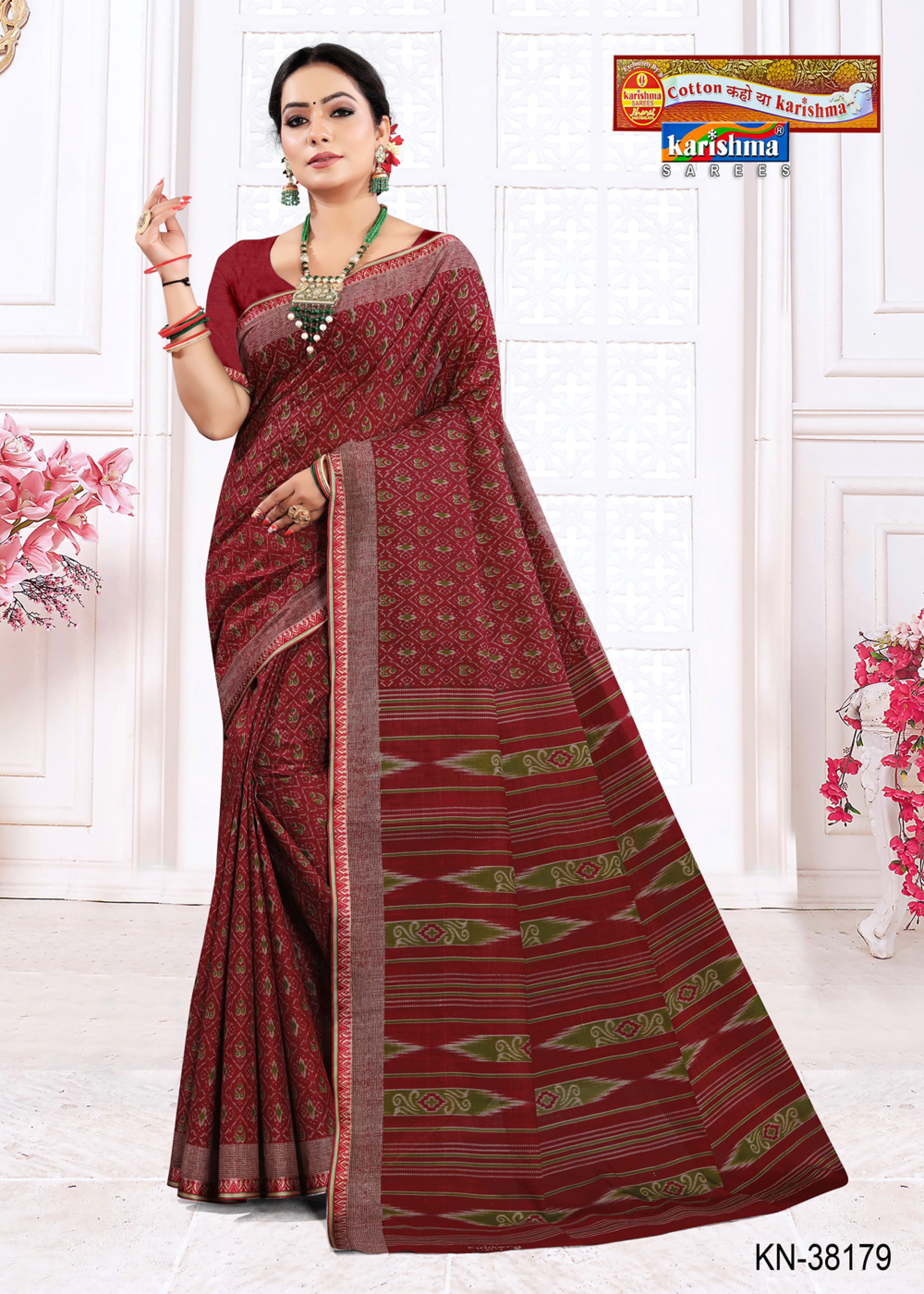 Red Ikat Motif Traditional Design Printed Pure Mulmul Cotton Saree