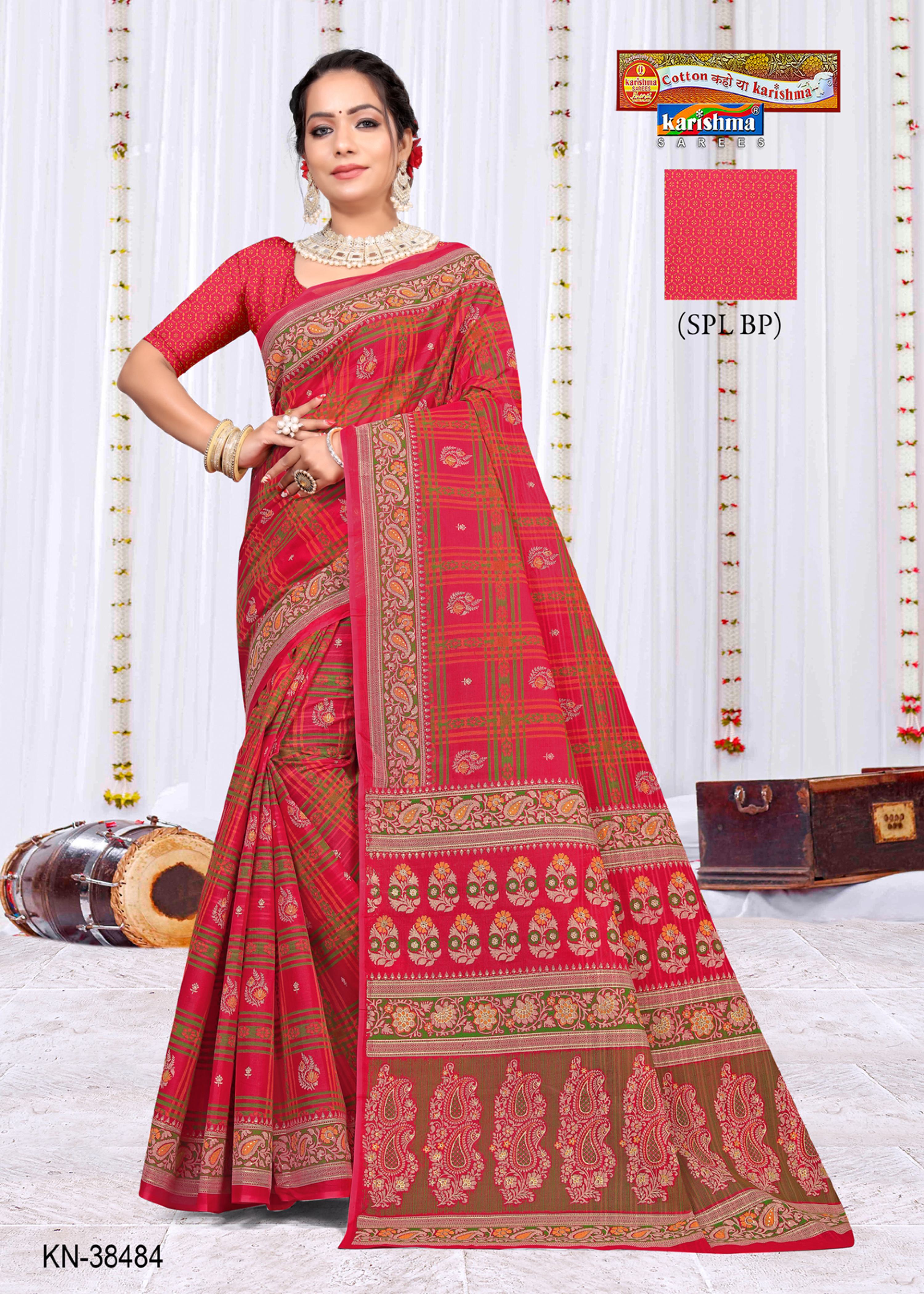 Red South Checks Style Traditional Gold Printed Pure Mul Cotton Saree