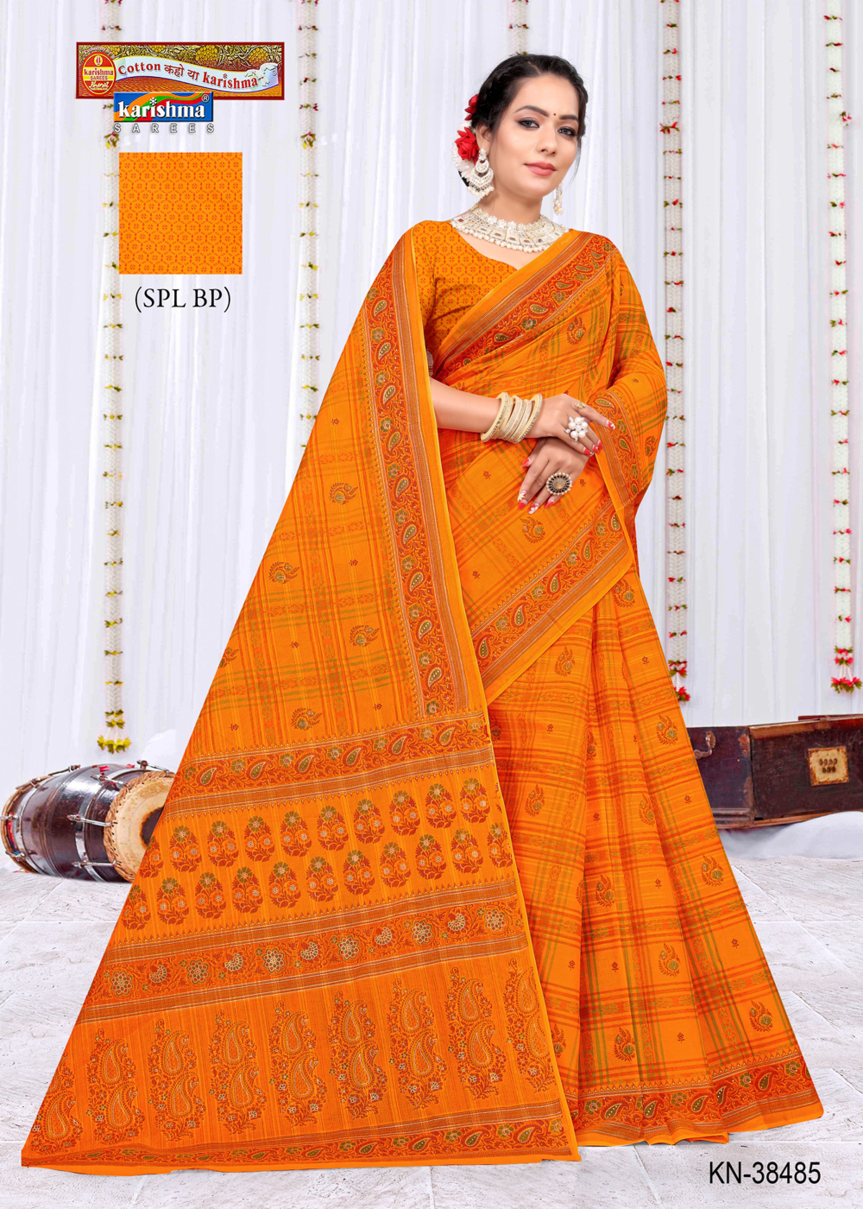 Yellow South Checks Style Traditional Gold Printed Pure Mul Cotton Saree