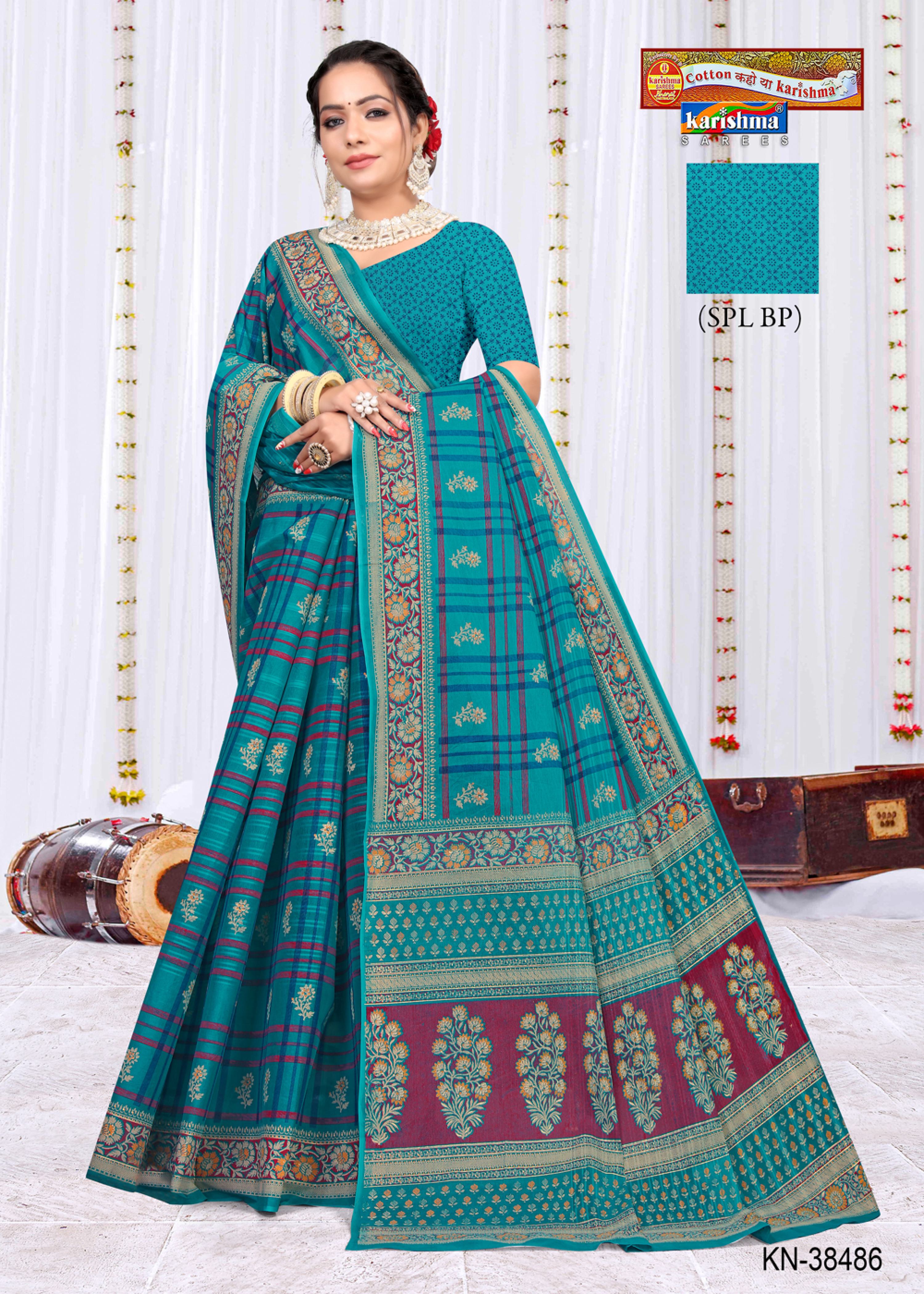 Teal South Checks Style Traditional Gold Printed Pure Mul Cotton Saree