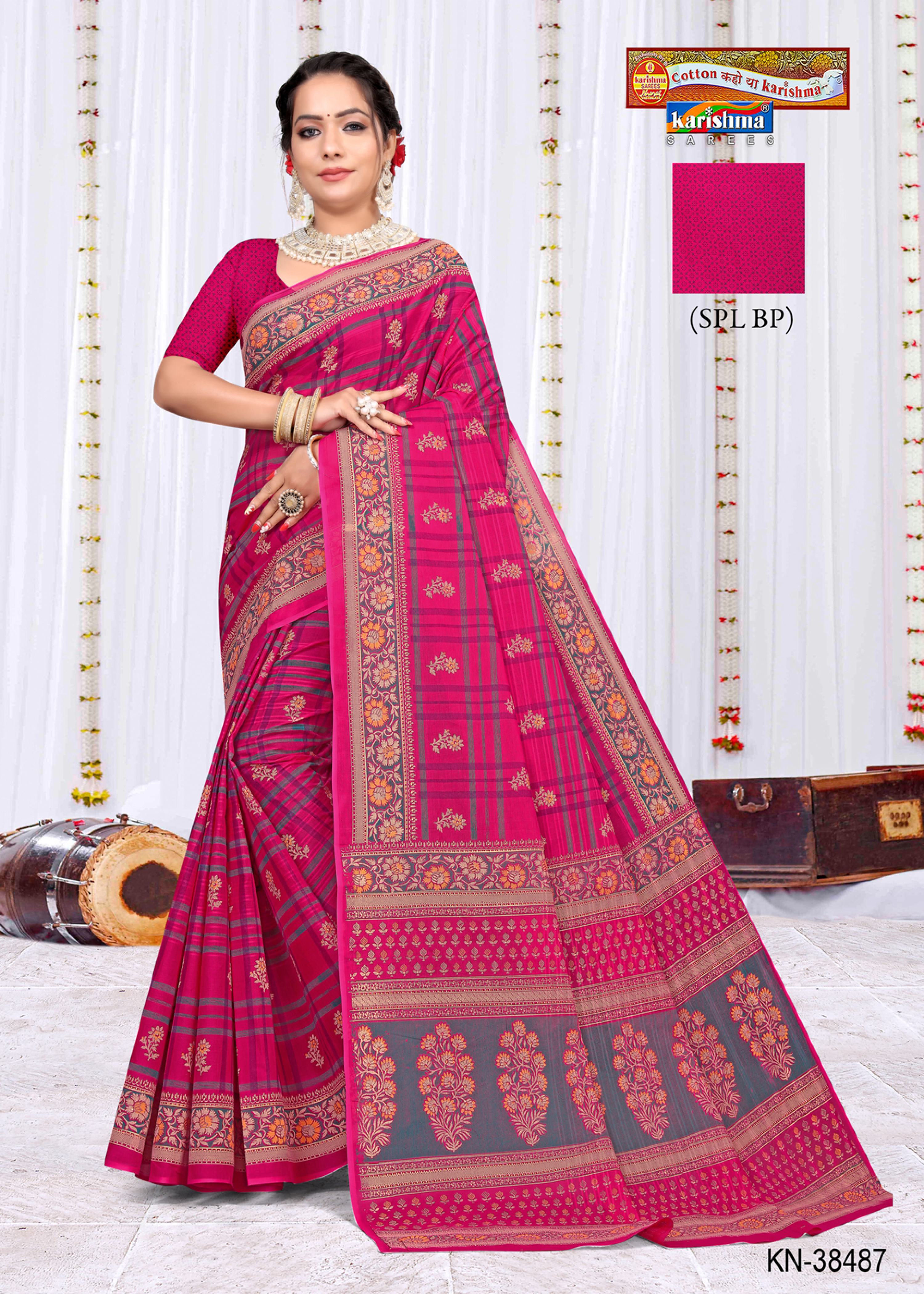 Pink South Checks Style Traditional Gold Printed Pure Mul Cotton Saree