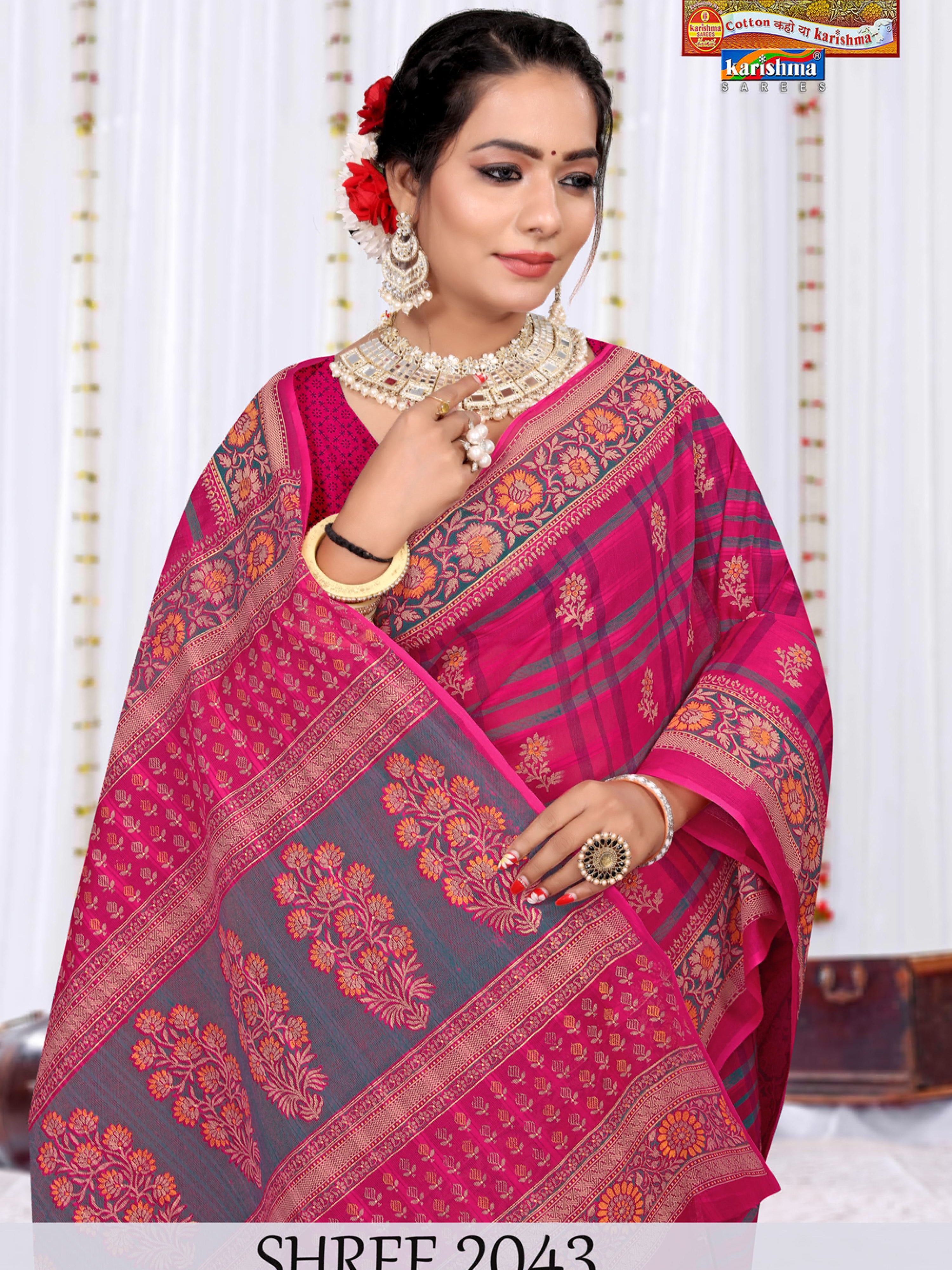 Pink South Checks Style Traditional Gold Printed Pure Mul Cotton Saree