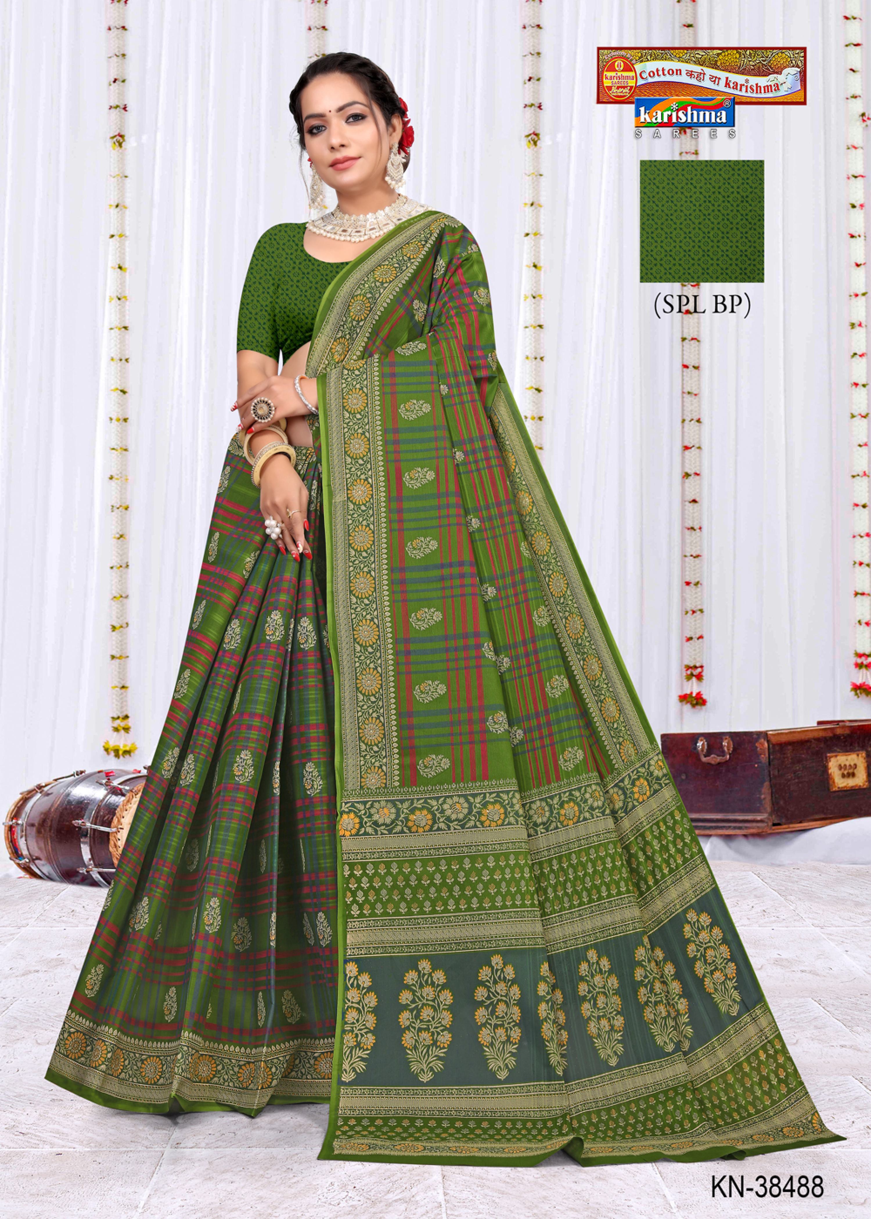 Green South Checks Style Traditional Gold Printed Pure Mul Cotton Saree