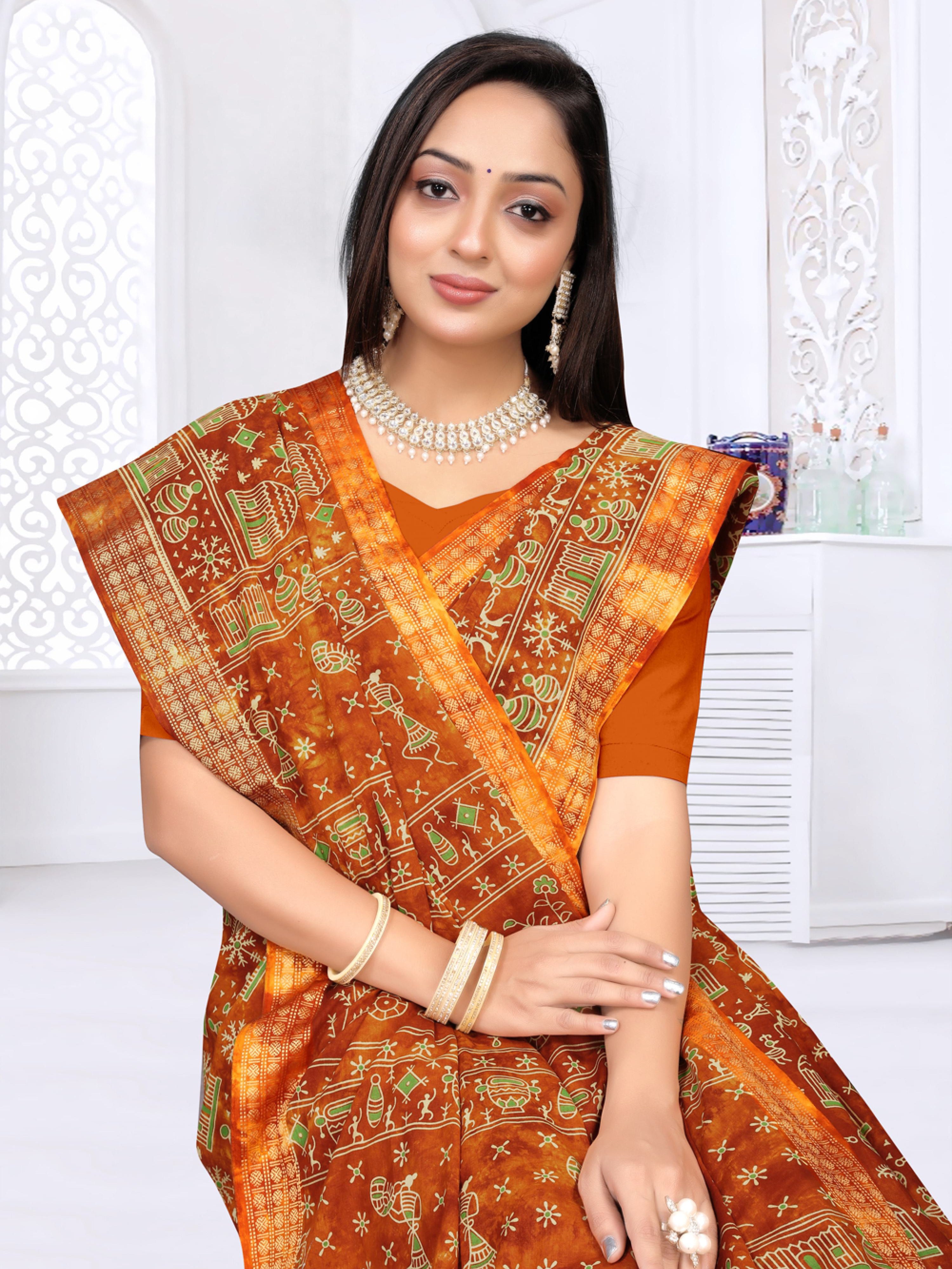 Brown Hand Batik Warli Design Printed Pure Soft Malai Cotton Saree