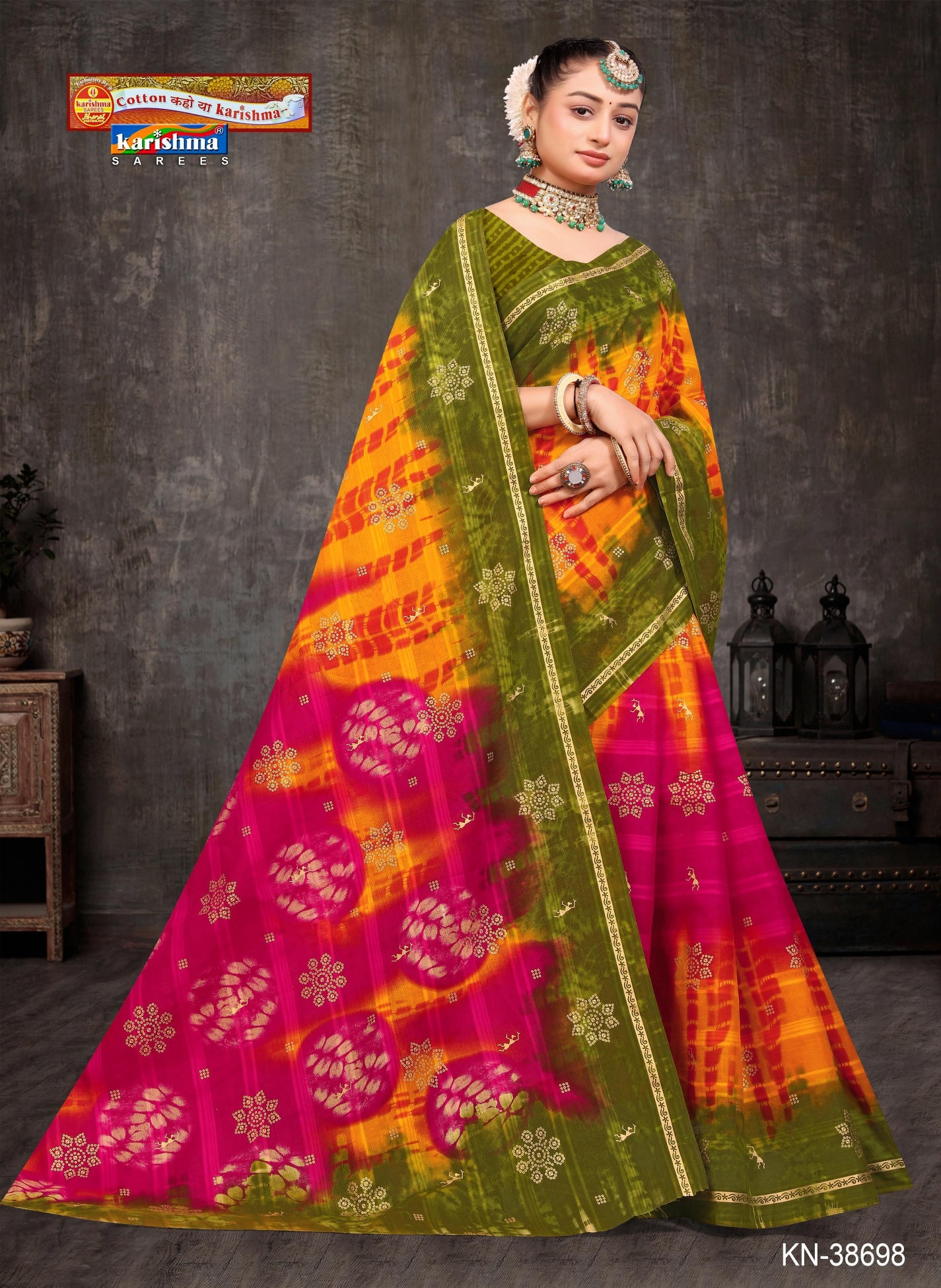 Olive Warli Design Gold Printed Colourful Tie & Dye Festive Cotton Saree