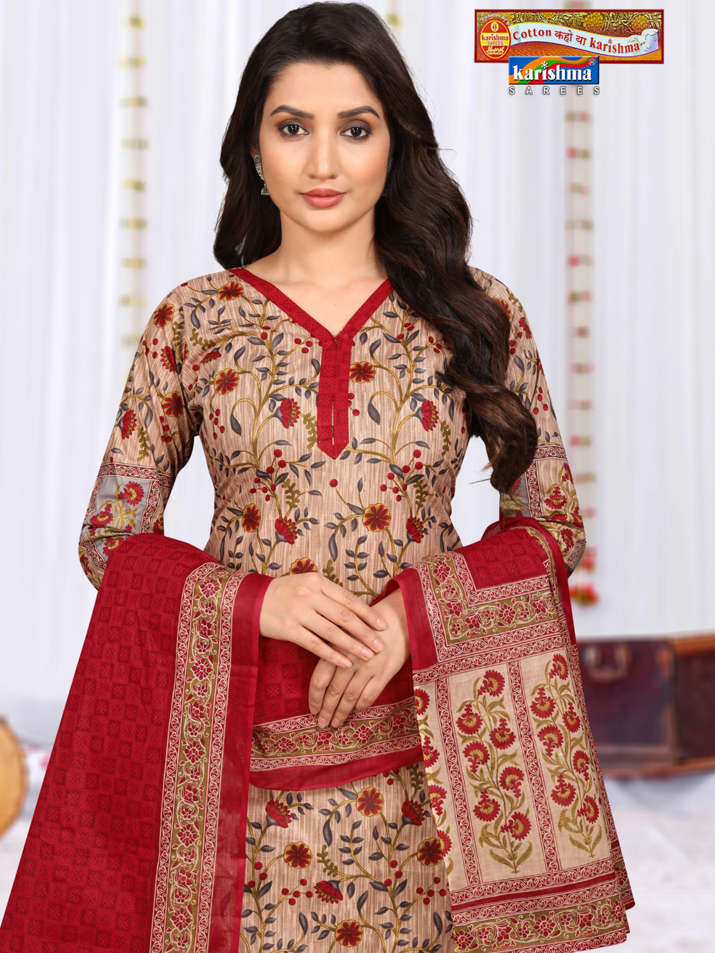 Red Butti Design Printed Unstitched Pure Cotton Dress Material Set