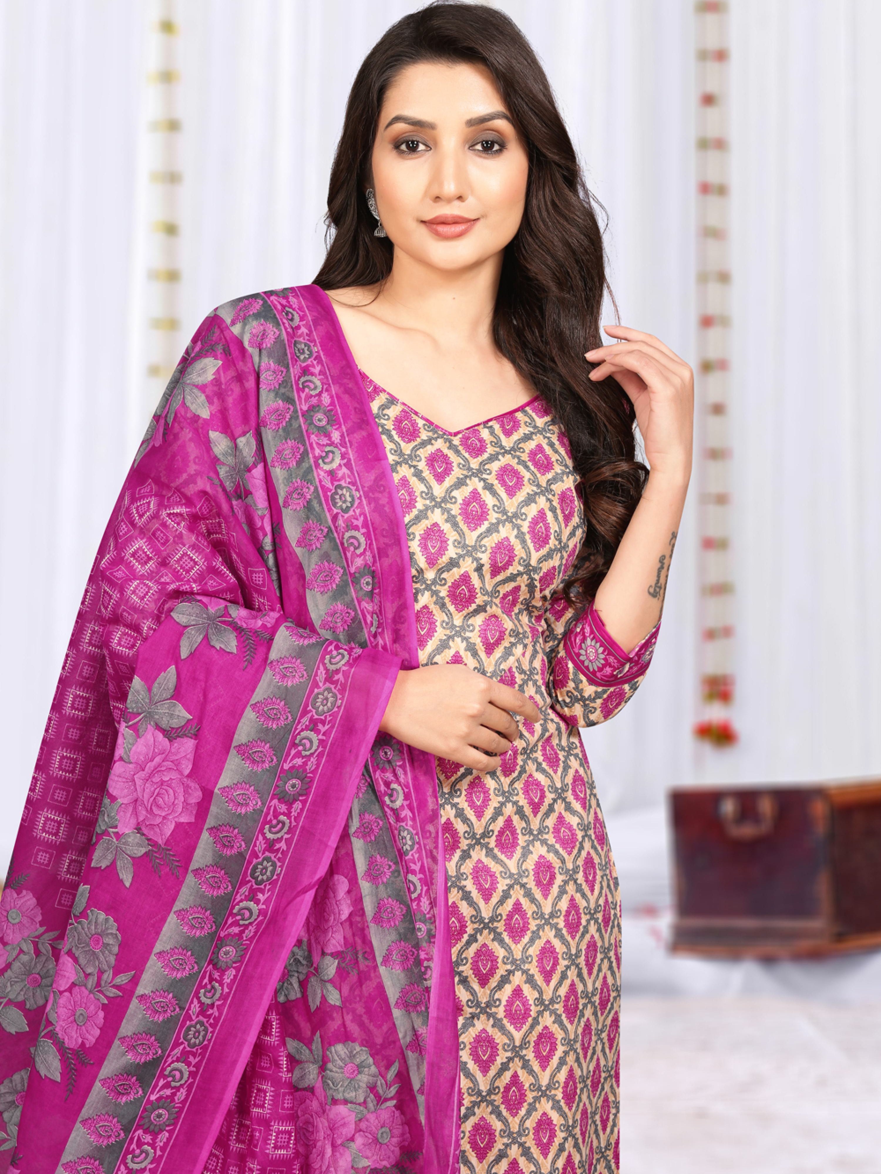 Pink Butti Design Printed Unstitched Pure Cotton Dress Material Set